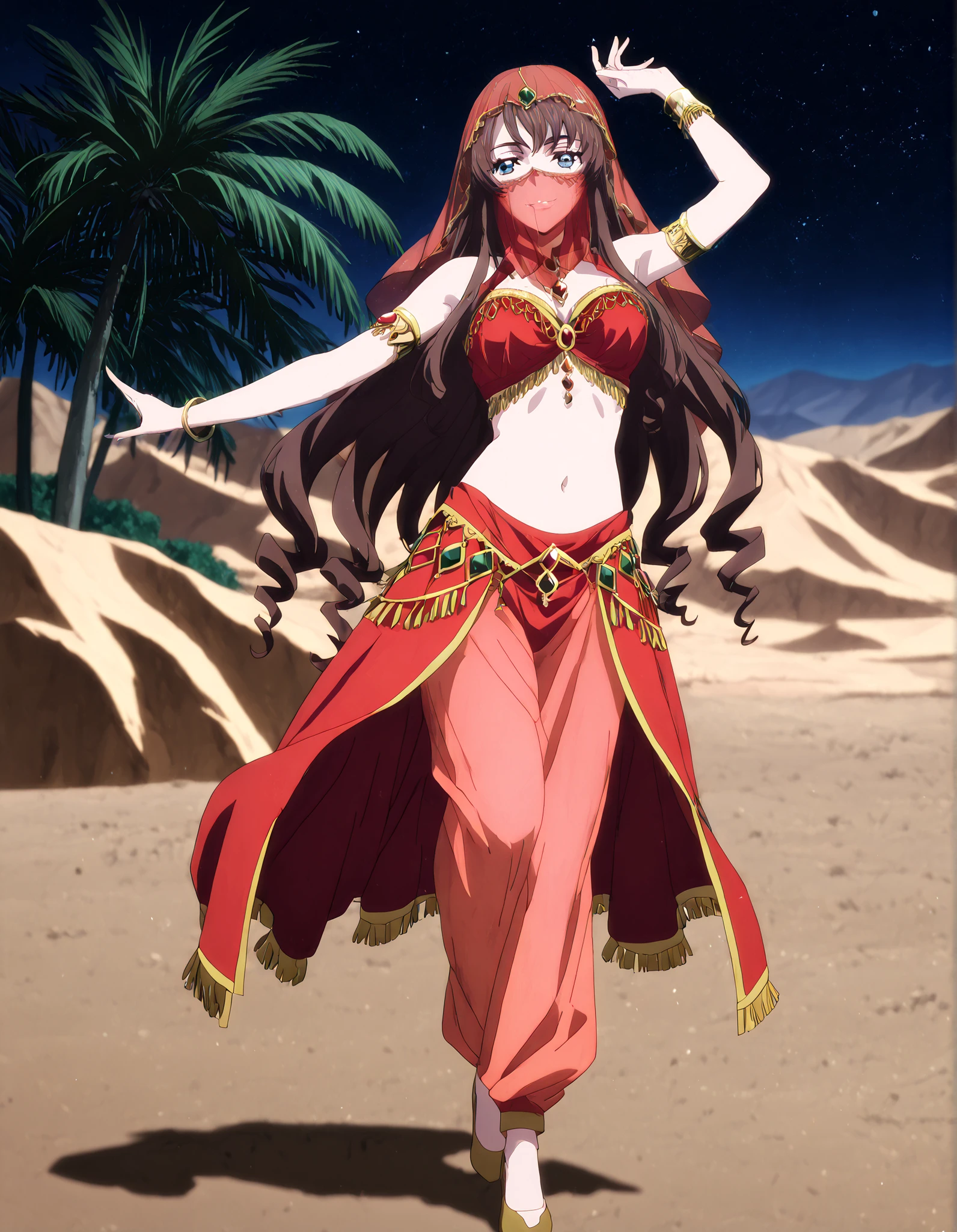 (1girl:1 . 5) , (Seul:1 . 5) , score_9 , score_8_haut , score_7_haut , source_anime , Official work , ultra-detailed , masterpiece , better quality , high resolution , beaux yeux , detailed eyes , Detailed face , beautiful detailed eyes,long hair,dark brown hair, aqua eyes, drill hair,Cardfight Vanguard Divinez,Tomari Seto,Arabian Clothes , Arabian Dancer Outfit ,belly dancer costume,belly dancer outfit ,full body,golden jewelery,face veil,armlet, belly dancing,night,desert lands,palm tree,seductive smile, dancing with veil, dynamic movement,dance posture, seductive pose