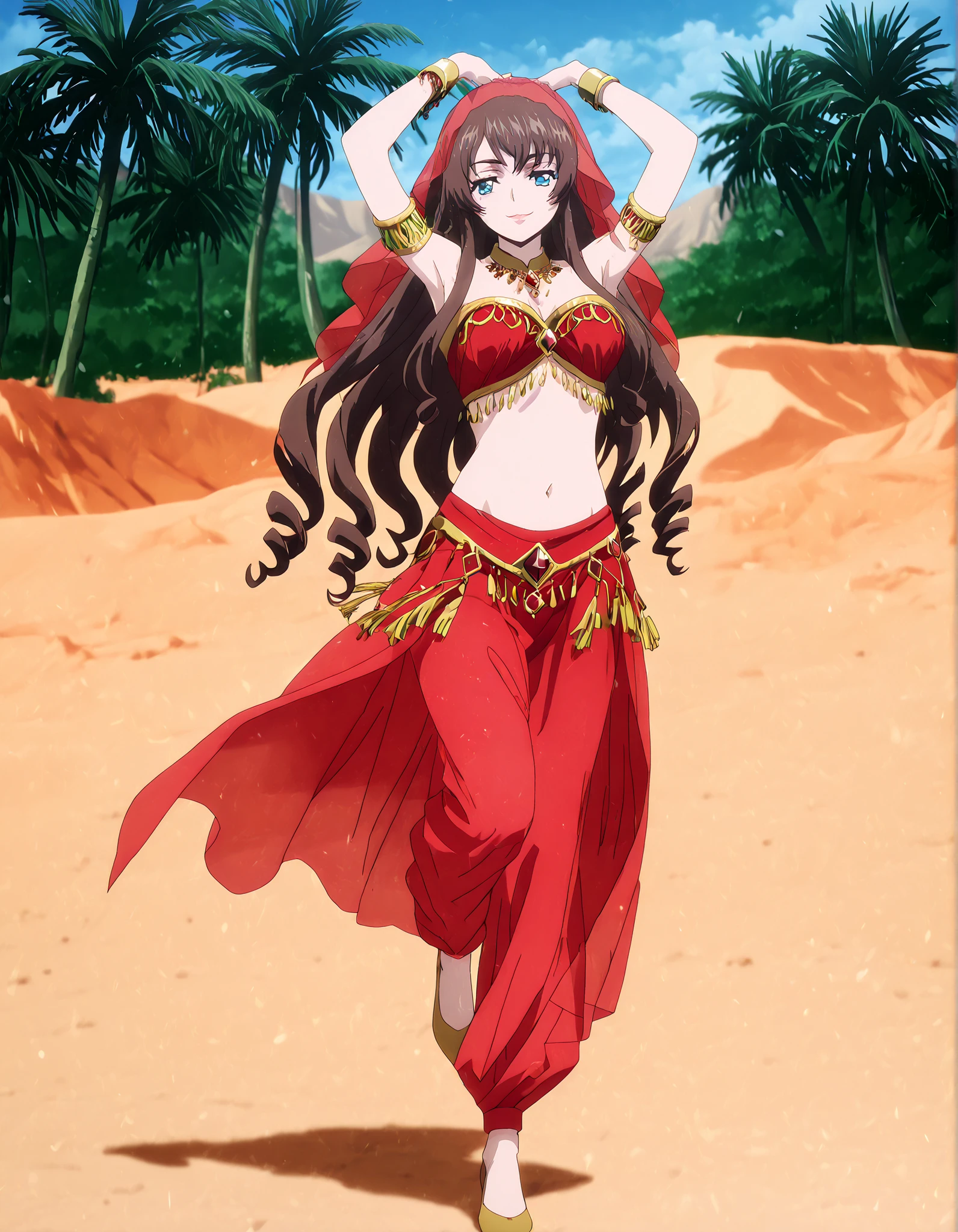 (1girl:1 . 5) , (Seul:1 . 5) , score_9 , score_8_haut , score_7_haut , source_anime , Official work , ultra-detailed , masterpiece , better quality , high resolution , beaux yeux , detailed eyes , Detailed face , beautiful detailed eyes,long hair,dark brown hair, aqua eyes, drill hair,Cardfight Vanguard Divinez,Tomari Seto,Arabian Clothes , Arabian Dancer Outfit ,belly dancer costume,belly dancer outfit ,full body,golden jewelery,armlet, belly dancing,desert lands,palm tree,seductive smile, dancing with veil, dynamic movement,dance posture, seductive pose