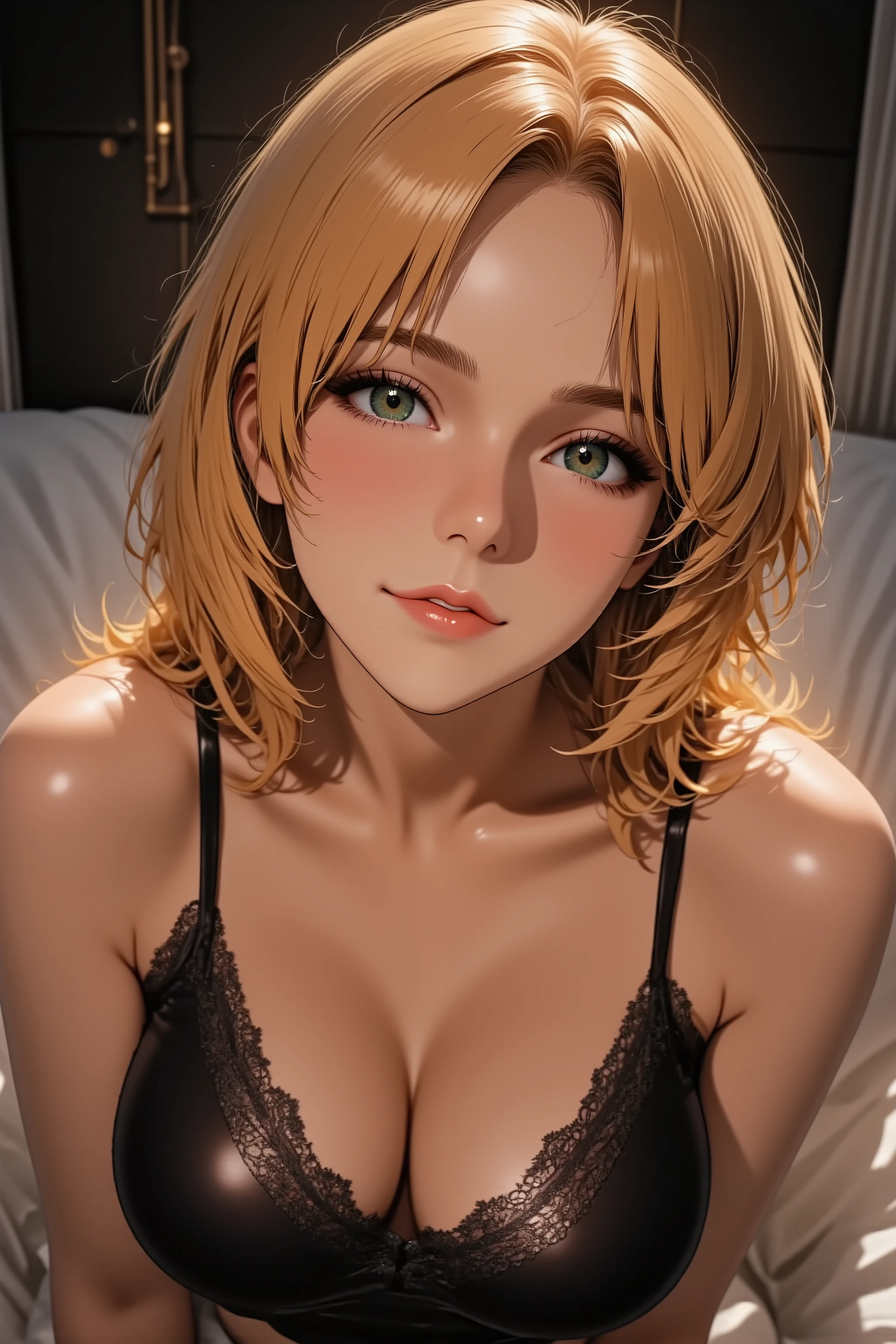 Intimate close-up shot of a seductive woman with sun-kissed blonde side-swept curls and green eyes, with a playful wink to the camera. She is wearing a slender black silk camisole with delicate lace details and striking a hand on her waist pose. Front view, showing her cleavage slightly. The lighting is soft, diffused light, creating a mysterious and sensual atmosphere. Hyper-realistic, cinematic lighting, 8K resolution, makeup, red lips, facing up, looking at viewer, light smile,