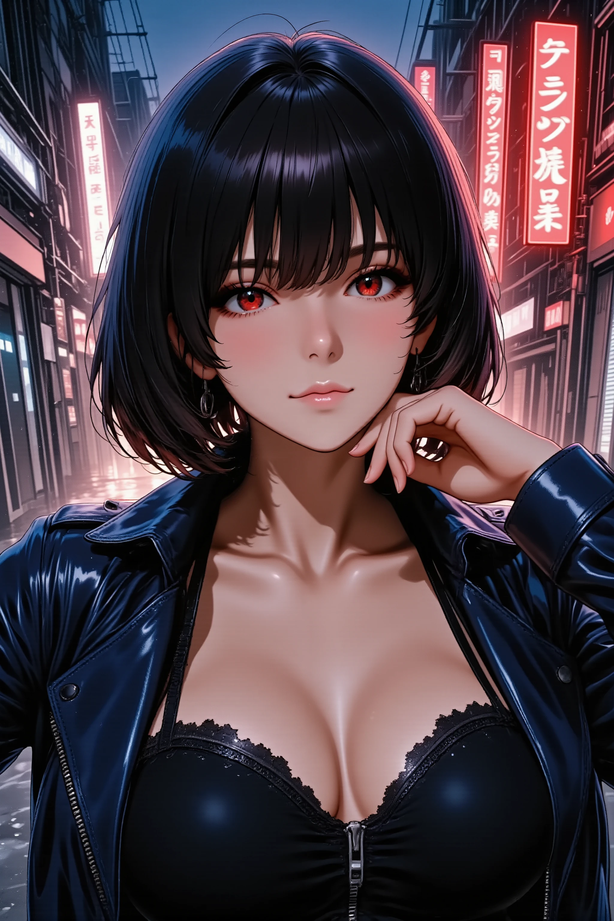 Anime style, upper body portrait, a seductive female assassin with sharp, intelligent red eyes and short, choppy black hair. She has a sly smirk on her face, looking directly at the viewer with a confident gaze. She wears a form-fitting dark leather jacket unzipped slightly, revealing a black tactical top. Her right hand is lightly touching her neck. The background is a neon-lit cyberpunk alleyway at night, with rain reflecting on the wet ground. Sharp lines, dramatic shadows, digital painting, atmospheric, K-pop music video aesthetic.