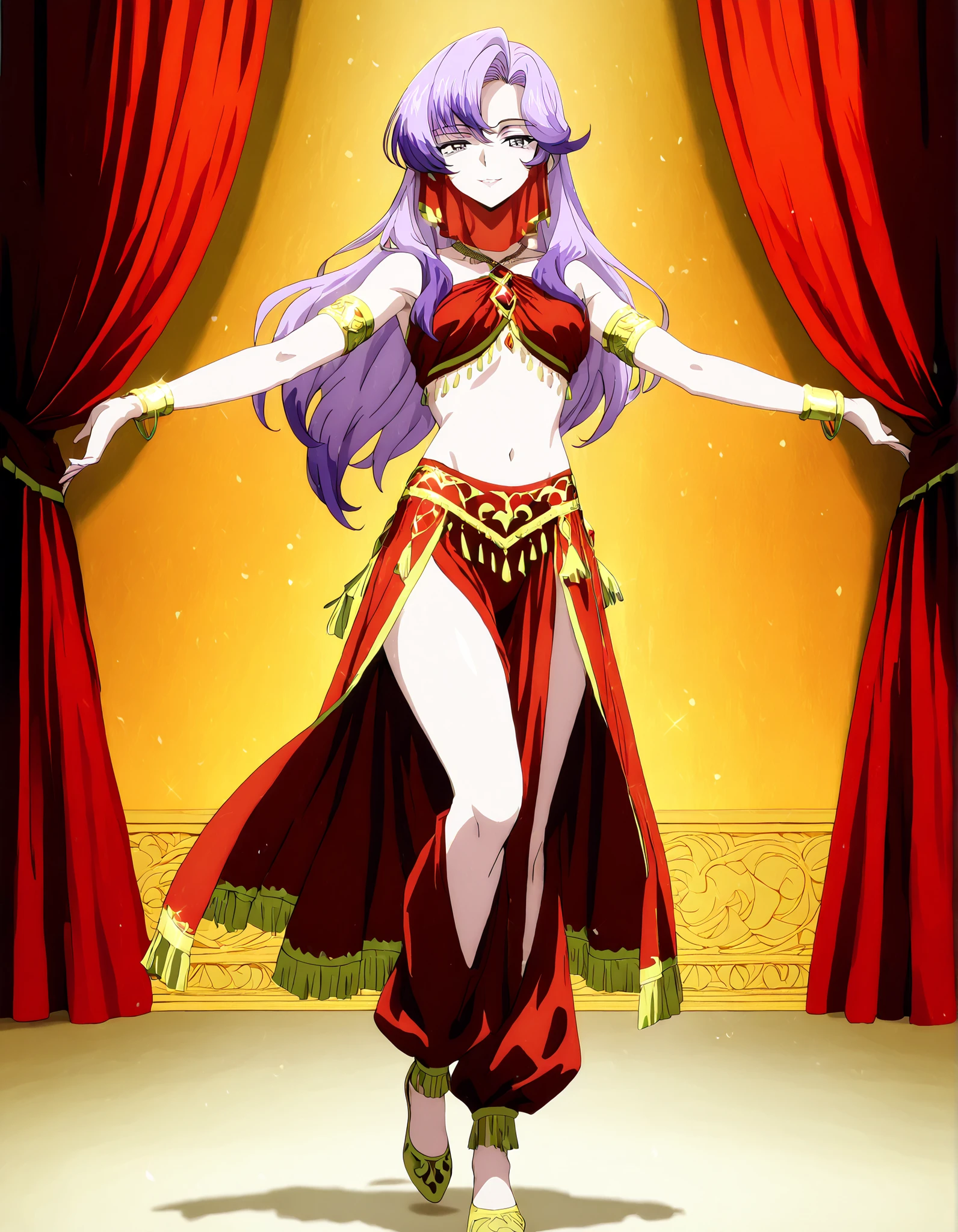 (1girl:1 . 5) , (Seul:1 . 5) , score_9 , score_8_haut , score_7_haut , source_anime , Official work  , ultra-detailed , masterpiece , better quality , high resolution , beaux yeux , detailed eyes , Detailed face , beautiful detailed eyes,long hair, purple hair, pink hair, multicolored hair, grey eyes,Cardfight Vanguard Divinez,Nao Inabe,Arabian Clothes , Arabian Dancer Outfit ,belly dancer costume,belly dancer outfit ,full body,golden jewelery,mouth veil,armlet, belly dancing,arabian theater,seductive smile, dancing with veil, dynamic movement,dance posture, seductive pose