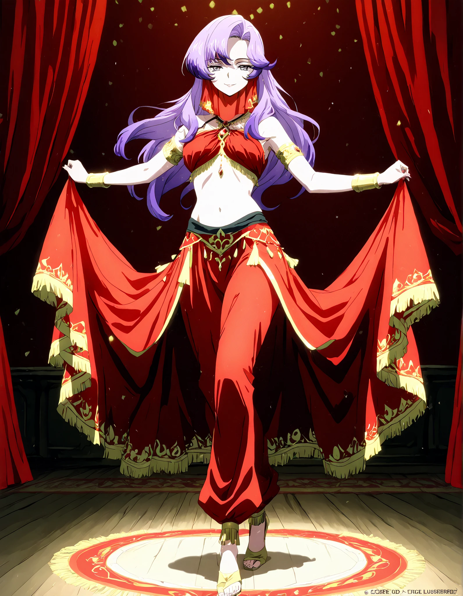 (1girl:1 . 5) , (Seul:1 . 5) , score_9 , score_8_haut , score_7_haut , source_anime , Official work  , ultra-detailed , masterpiece , better quality , high resolution , beaux yeux , detailed eyes , Detailed face , beautiful detailed eyes,long hair, purple hair, pink hair, multicolored hair, grey eyes,Cardfight Vanguard Divinez,Nao Inabe,Arabian Clothes , Arabian Dancer Outfit ,belly dancer costume,belly dancer outfit ,full body,golden jewelery,mouth veil,armlet, belly dancing,arabian theater,seductive smile, dancing with veil, dynamic movement,dance posture, seductive pose