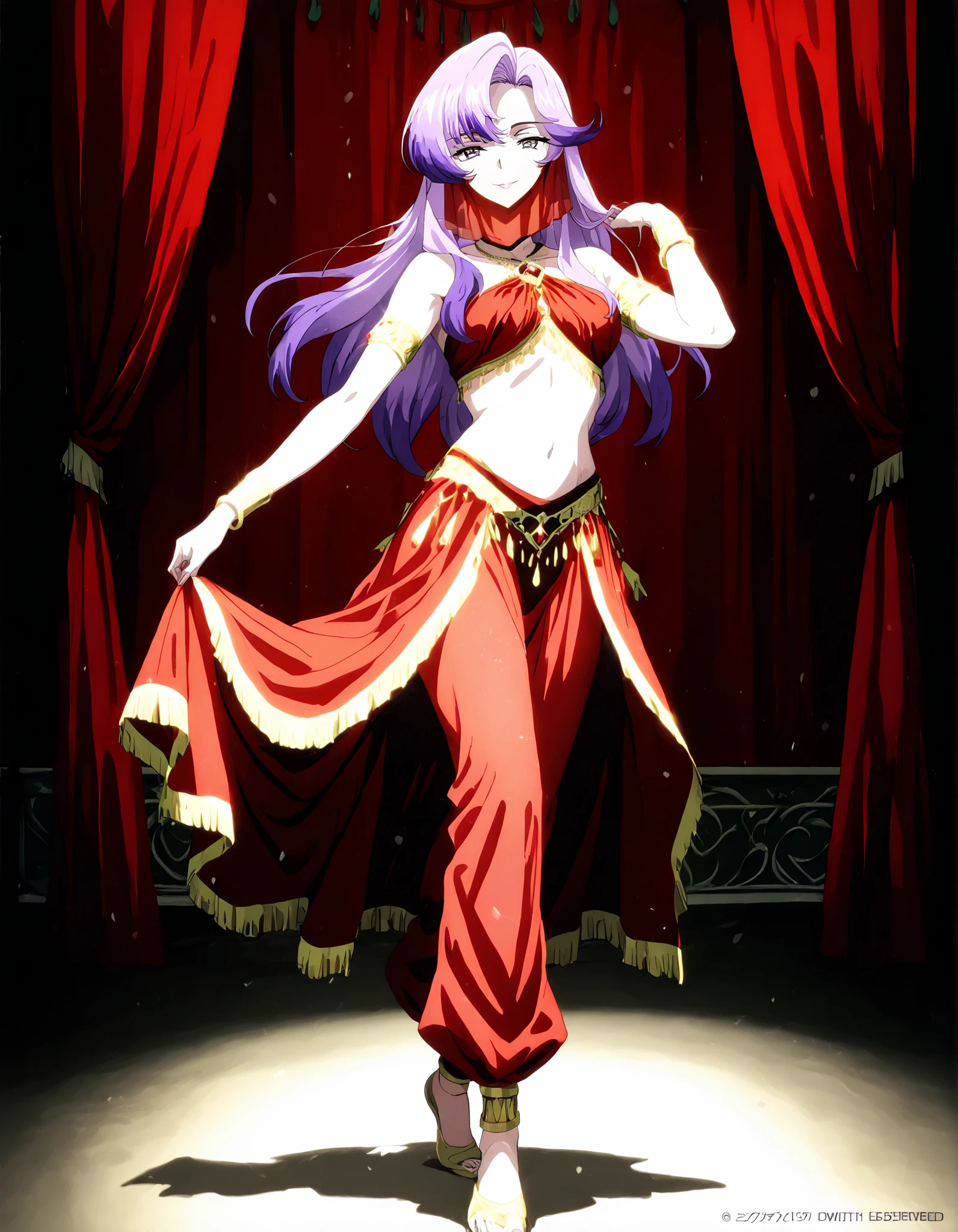 (1girl:1 . 5) , (Seul:1 . 5) , score_9 , score_8_haut , score_7_haut , source_anime , Official work  , ultra-detailed , masterpiece , better quality , high resolution , beaux yeux , detailed eyes , Detailed face , beautiful detailed eyes,long hair, purple hair, pink hair, multicolored hair, grey eyes,Cardfight Vanguard Divinez,Nao Inabe,Arabian Clothes , Arabian Dancer Outfit ,belly dancer costume,belly dancer outfit ,full body,golden jewelery,mouth veil,armlet, belly dancing,arabian theater,seductive smile, dancing with veil, dynamic movement,dance posture, seductive pose