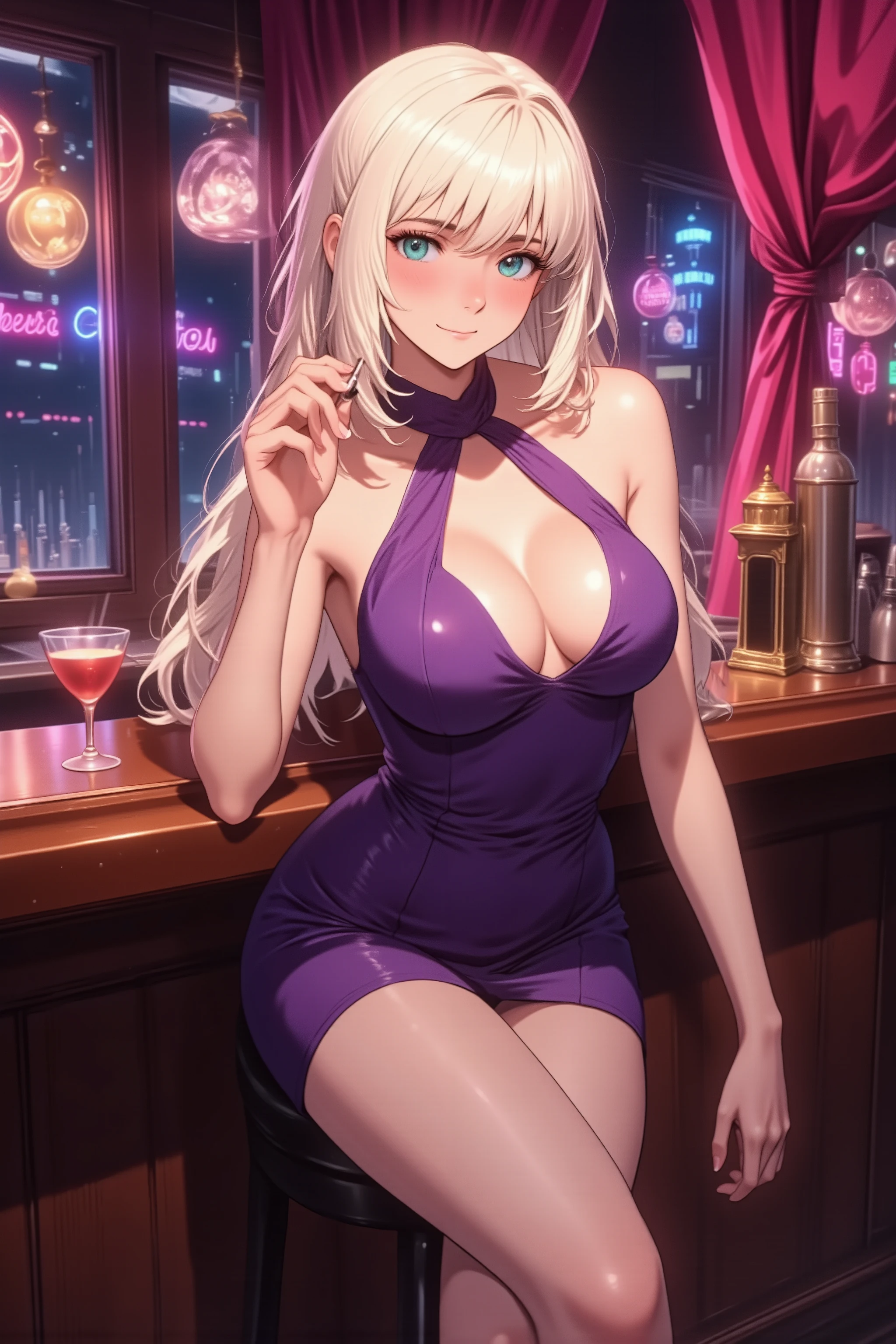 Anime style, waist-up shot, a sophisticated woman with straight, sleek platinum blonde hair styled in a bob and piercing aqua eyes. She is sitting on a barstool, leaning forward onto a polished mahogany counter, with a cool, confident half-smile. She wears a tight, low-cut halter neck dress in deep purple, and seductively sips a cocktail with a long straw. The background is a dimly lit, stylish cocktail bar with neon signs blurring behind her. Sharp detail, dramatic backlighting, sophisticated atmosphere, beautiful lines, cel shading with gradient highlights.