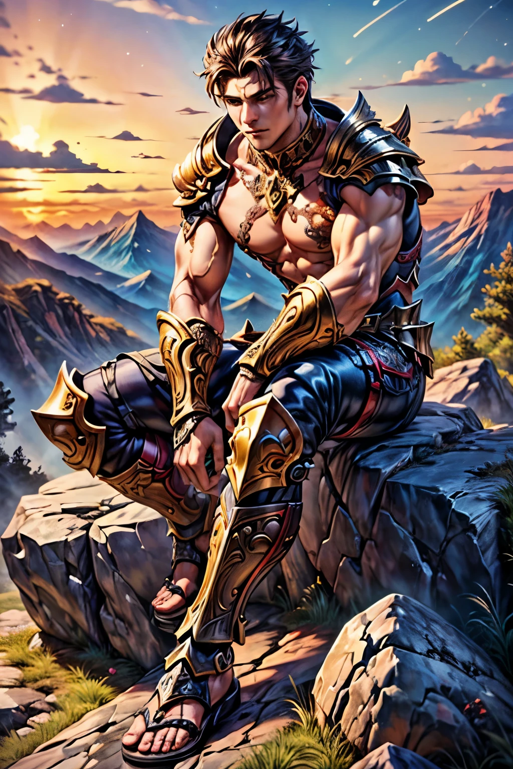 A muscular male figure sits on a rocky slope, adorned in intricately detailed armor that covers his shoulders and arms, leaving his chest partially exposed. The armor features sharp angles and elaborate engravings, contributing to a warrior-like aesthetic. His legs are protected by knee guards with similar ornate detail, and he wears strapped sandals. His pose is contemplative, with one arm resting on his knee and the other raised near his head. The background depicts a desolate, mountainous landscape under a sky tinged with a gradient of soft blues and oranges, suggesting either dawn or dusk. The setting exudes a sense of resilience and solitude, evoking the theme of a lone warrior amidst a wild and untamed land.