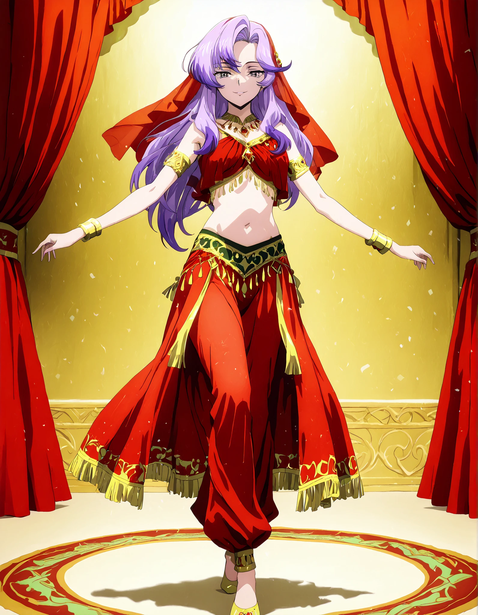 (1girl:1 . 5) , (Seul:1 . 5) , score_9 , score_8_haut , score_7_haut , source_anime , Official work  , ultra-detailed , masterpiece , better quality , high resolution , beaux yeux , detailed eyes , Detailed face , beautiful detailed eyes,long hair, purple hair, pink hair, multicolored hair, grey eyes,Cardfight Vanguard Divinez,Nao Inabe,Arabian Clothes , Arabian Dancer Outfit ,belly dancer costume,belly dancer outfit ,full body,golden jewelery,armlet, belly dancing,arabian theater,seductive smile, dancing with veil, dynamic movement,dance posture, seductive pose