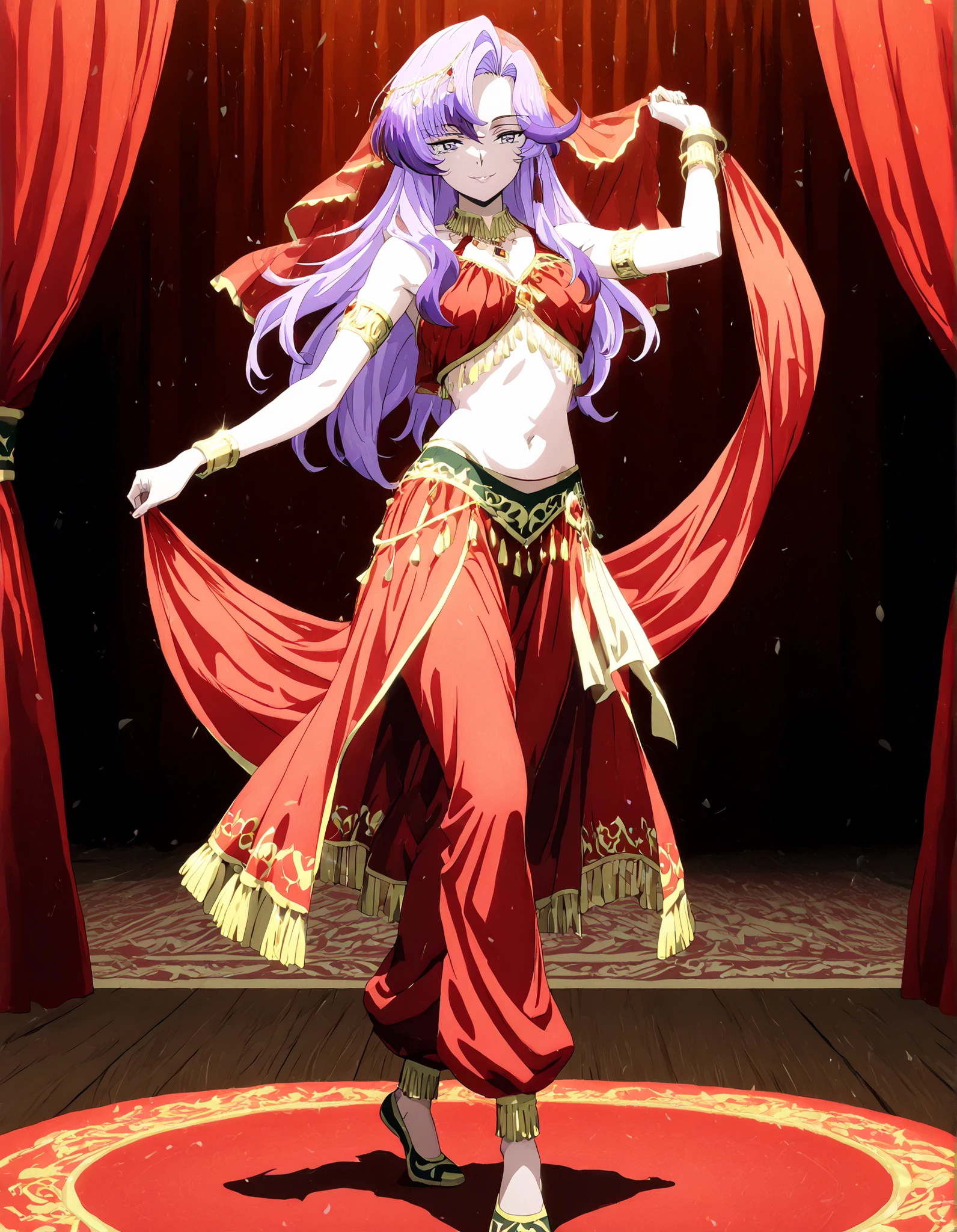 (1girl:1 . 5) , (Seul:1 . 5) , score_9 , score_8_haut , score_7_haut , source_anime , Official work  , ultra-detailed , masterpiece , better quality , high resolution , beaux yeux , detailed eyes , Detailed face , beautiful detailed eyes,long hair, purple hair, pink hair, multicolored hair, grey eyes,Cardfight Vanguard Divinez,Nao Inabe,Arabian Clothes , Arabian Dancer Outfit ,belly dancer costume,belly dancer outfit ,full body,golden jewelery,armlet, belly dancing,arabian theater,seductive smile, dancing with veil, dynamic movement,dance posture, seductive pose