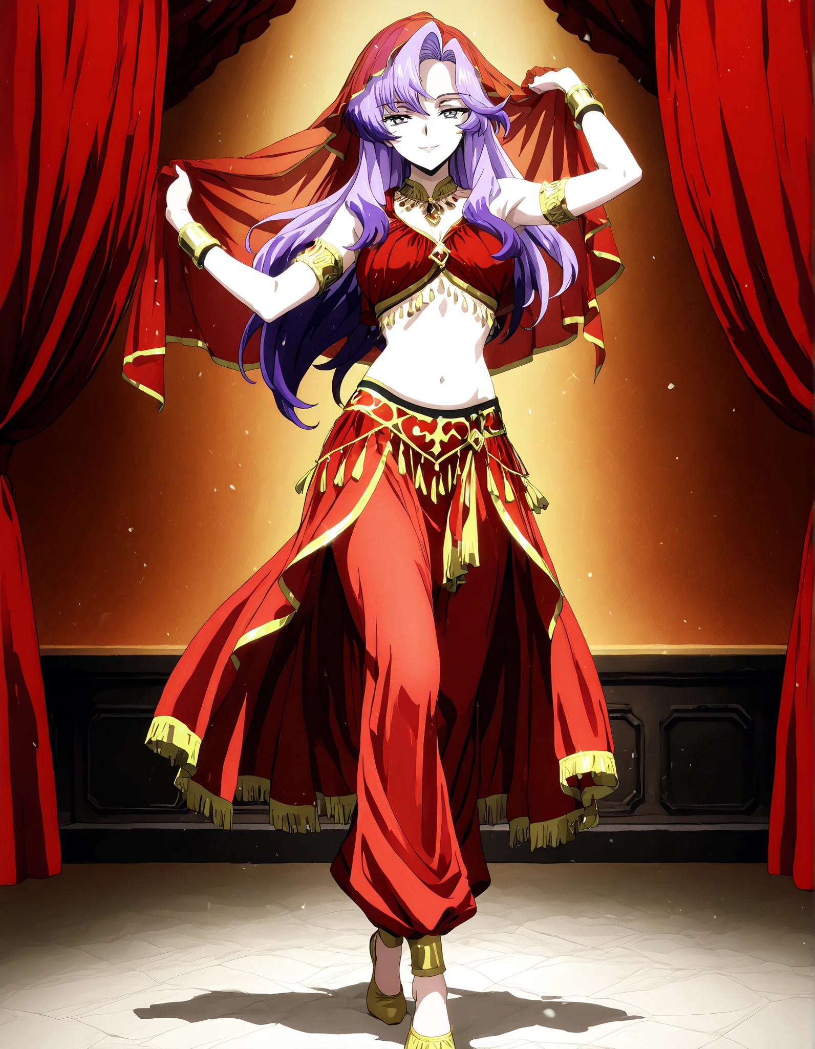 (1girl:1 . 5) , (Seul:1 . 5) , score_9 , score_8_haut , score_7_haut , source_anime , Official work  , ultra-detailed , masterpiece , better quality , high resolution , beaux yeux , detailed eyes , Detailed face , beautiful detailed eyes,long hair, purple hair, pink hair, multicolored hair, grey eyes,Cardfight Vanguard Divinez,Nao Inabe,Arabian Clothes , Arabian Dancer Outfit ,belly dancer costume,belly dancer outfit ,full body,golden jewelery,armlet, belly dancing,arabian theater,seductive smile, dancing with veil, dynamic movement,dance posture, seductive pose