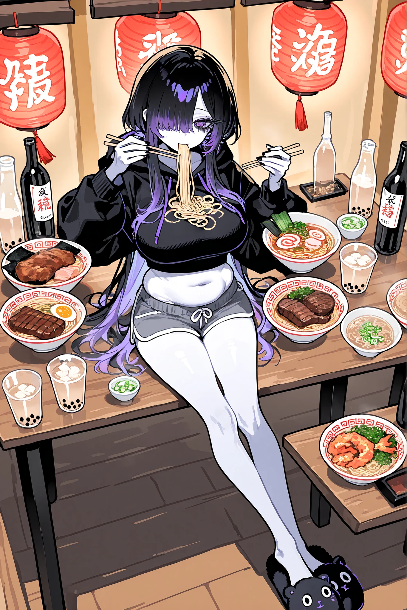 ( ai drawing anime characters eating ramen, ai drawing anime characters eating ramen (meme), ramen, noodles, meme, bowl, eating, restaurant,eating ramen) The gamer girl is a ghost. (her body is transparent and translucent because she is a ghost.) She has a mature physique, big breasts, small belly, fat hips, long legs. She has ghostly pale skin and bruises under her eyes. She has tired big black-purple eyes with long eyelashes and leaking mascara. She has black very long hair with purple highlights, she has a careless long ghostly hairstyle with long hair over one eye. She has a black manicure. She is wearing a black hoodie, shorts and fluffy slippers. She's holding chopsticks. (In the background: a tent with street food, a ramen shop decorated with red paper lanterns, a wooden bar table with a bowl of ramen on it. The bowl contains mushrooms, deep-fried shrimp, steak, green onions, and green sprouts. next to it is a bottle of soda, a glass of milk bubble tea with a straw.)