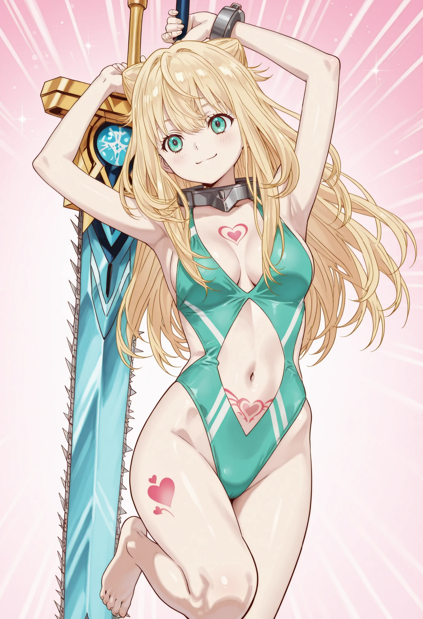 (((SFW、Highest quality、First Class Masterpiece、normal body 、32k、detailed face、super precise、normal hand、Highest)))、Yuri Kawazu/Kawazu Yuri、『Momentary Lily』、Beautiful girl、Blonde、long hair、Blue-green eyes 、Beautiful Breasts、Slim、Slender、high leg swimsuit、 Navel Exposure 、pink heart tattoo on the abdomen、Iron Collar、Great Sword Andovari『Tilfang』、Chainsaw Giant Sword、Smile、raise one leg above your head