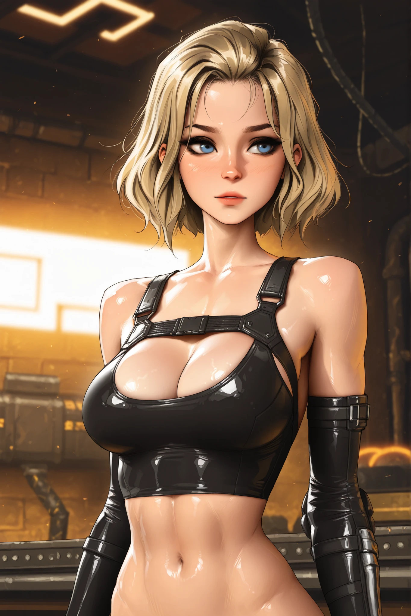 Ella Freya, masterpiece,Best Quality,great quality,highest score,uncorrected, wavy blonde hair,hair pushed back, medium hair, blue eyes, dark hair roots,, , (slender body), Ella Freya, 1girl, blonde hair, medium hair, light eyes, makeup, shiny skin,), heavy , blue eyes,midriff,Chest, slut, sci fi dungeon, black eyeshadow, shirow masamune, sam yang, , ashley re4 remake