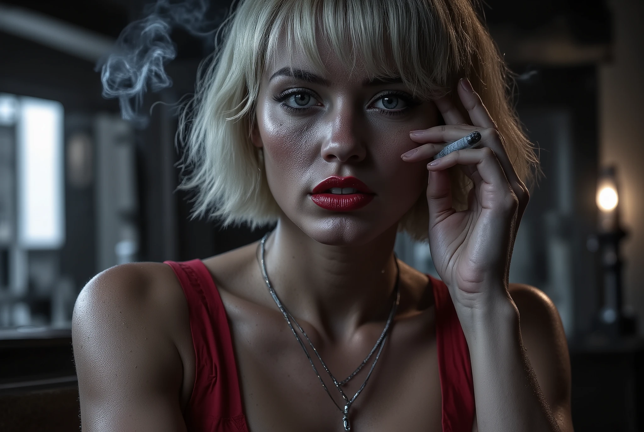 A cinematic close-up inspired by Sin City, ultra-realistic noir style. A woman with short blonde hair and pale skin holds a cigarette near her face, looking forward with a cold, intense, and mysterious expression. Her bright red lips and red dress straps are the only vivid colors in the frame — everything else is stark black and white with deep contrast and dramatic lighting. The smoke from her cigarette curls upward softly in the dim light, and a blurred city skyline is visible behind her. 16:9 aspect ratio, cinematic lighting, film grain texture, moody atmosphere, high contrast shadows.