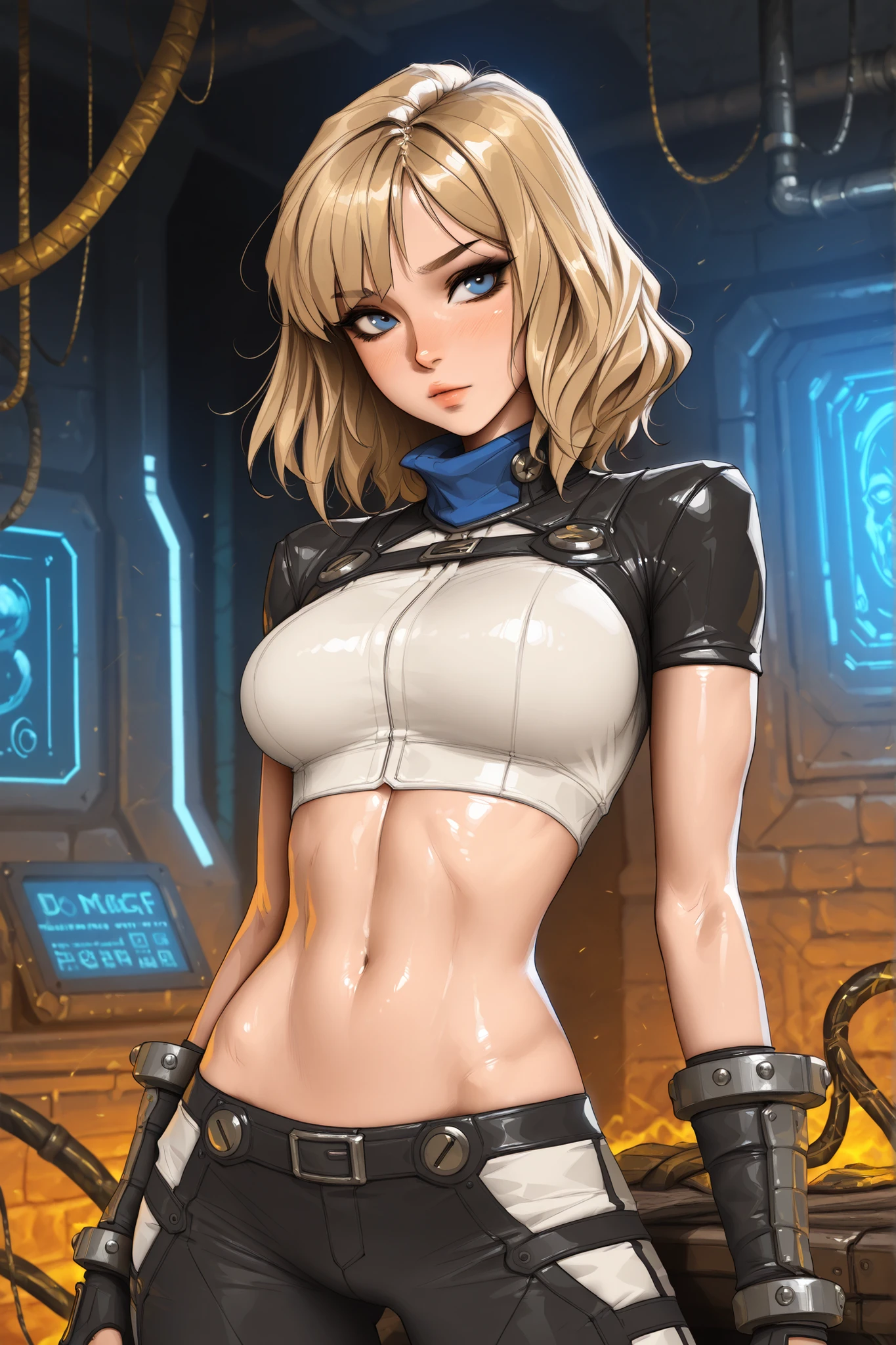 Ella Freya, masterpiece,Best Quality,great quality,highest score,uncorrected, wavy blonde hair, medium hair, blue eyes, middle hair part, dark hair roots,, , (slender body), Ella Freya, 1girl, blonde hair, medium hair, light eyes, makeup, shiny skin,), heavy , blue eyes,midriff,Chest, slut, sci fi dungeon, black eyeshadow, shirow masamune, sam yang,
