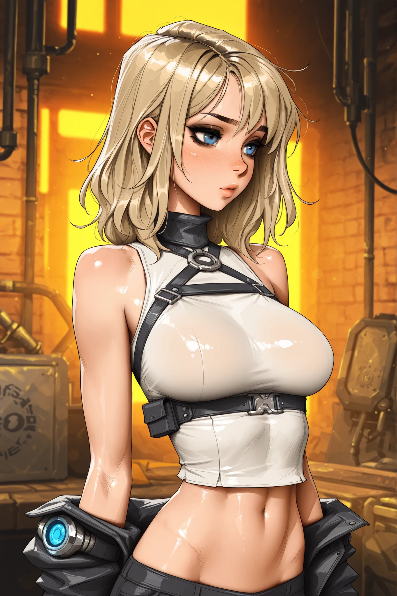 Sydney Sweeney, masterpiece,Best Quality,great quality,highest score,uncorrected, wavy blonde hair, medium hair, blue eyes, middle hair part, dark hair roots,, , (slender body), Ella Freya, 1girl, blonde hair, medium hair, light eyes, makeup, shiny skin,), heavy , blue eyes,midriff,Chest, slut, sci fi dungeon, black eyeshadow, shirow masamune, sam yang,