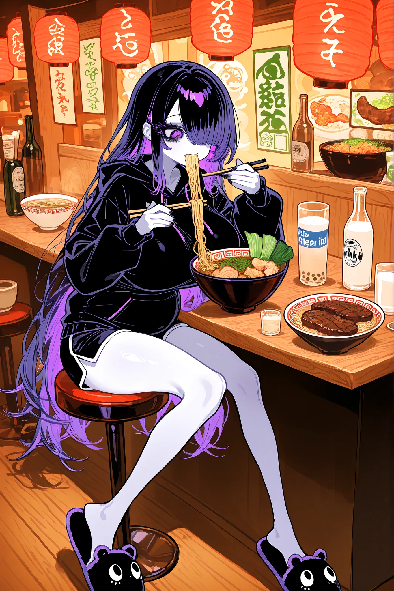 (ai drawing anime characters eating ramen, ai drawing anime characters eating ramen (meme), ramen, noodles, meme, bowl, eating, restaurant,eating ramen) The girl is a ghost. (her body is transparent and translucent because she is a ghost.) She has a mature physique, big breasts, small belly, fat hips, long legs. She has ghostly pale skin and bruises under her eyes. She has tired big black-purple eyes with long eyelashes and leaking mascara. She has black very long hair with purple highlights, she has a careless long ghostly hairstyle with long hair over one eye. She has a black manicure. She is wearing a black hoodie, shorts and fluffy slippers. She's sitting on bar stool and holding chopsticks. (In the background: a room with an authentic traditional Japanese interior of ramen shop decorated with red paper lanterns, a wooden bar table with a bowl of ramen on it. The bowl contains mushrooms, deep-fried shrimp, steak, green onions, and green sprouts. next to it is a bottle of soda, a glass of milk bubble tea with a straw,a bottle of beer and a mug.)