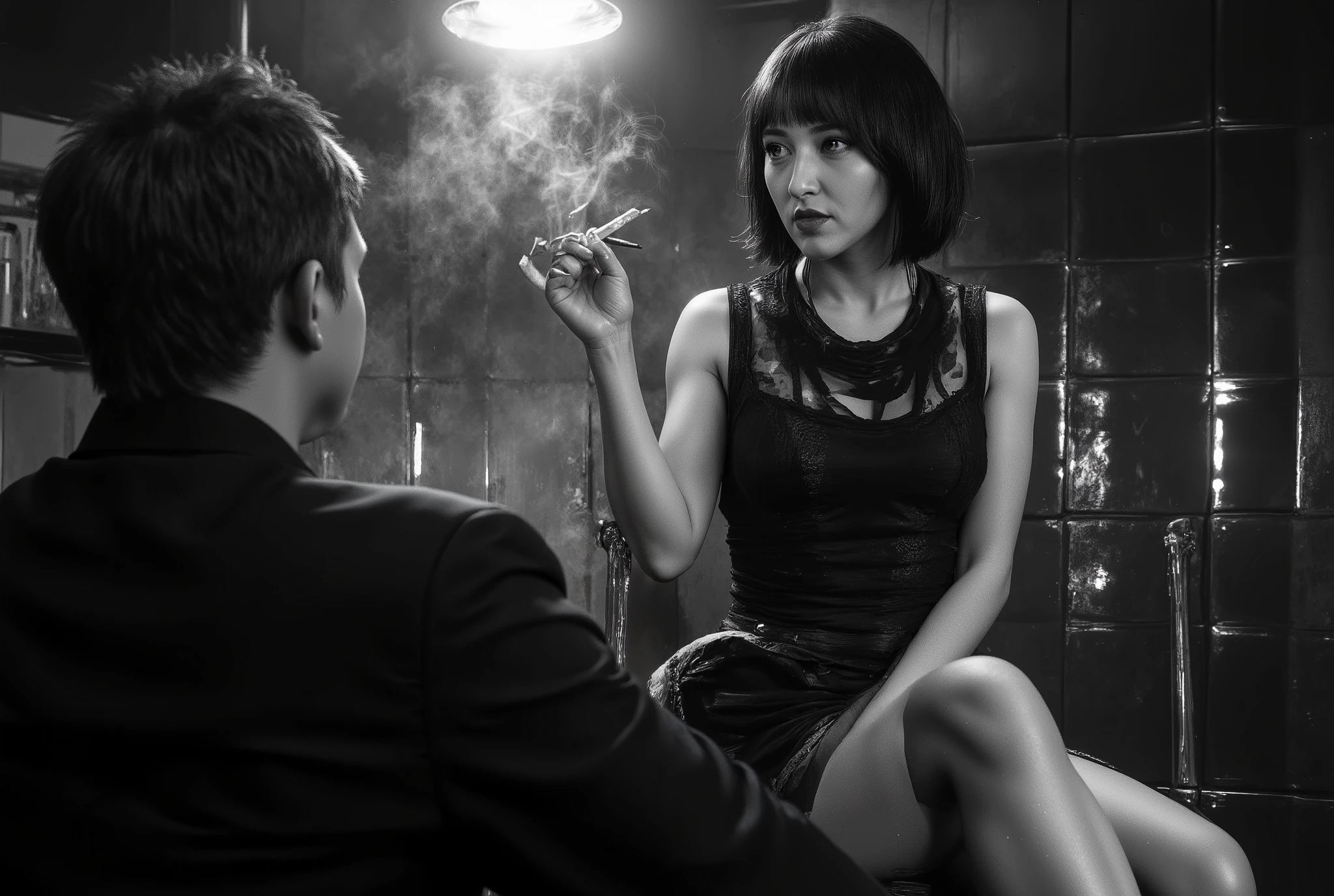 A cinematic noir-style scene inspired by Sin City, ultra-realistic. A woman with short dark hair and pale skin sits in a dimly lit room, holding a cigarette gracefully between her fingers. Her expression is calm, confident, and slightly seductive, as she looks toward a man sitting in front of her. The lighting is dramatic, with high contrast shadows and reflections on the tiled wall behind her. The entire image is in black and white with subtle highlights and deep blacks, evoking a moody, mysterious atmosphere. Film grain texture, cinematic lighting, smoke softly drifting in the air, 16:9 aspect ratio, perfect composition.