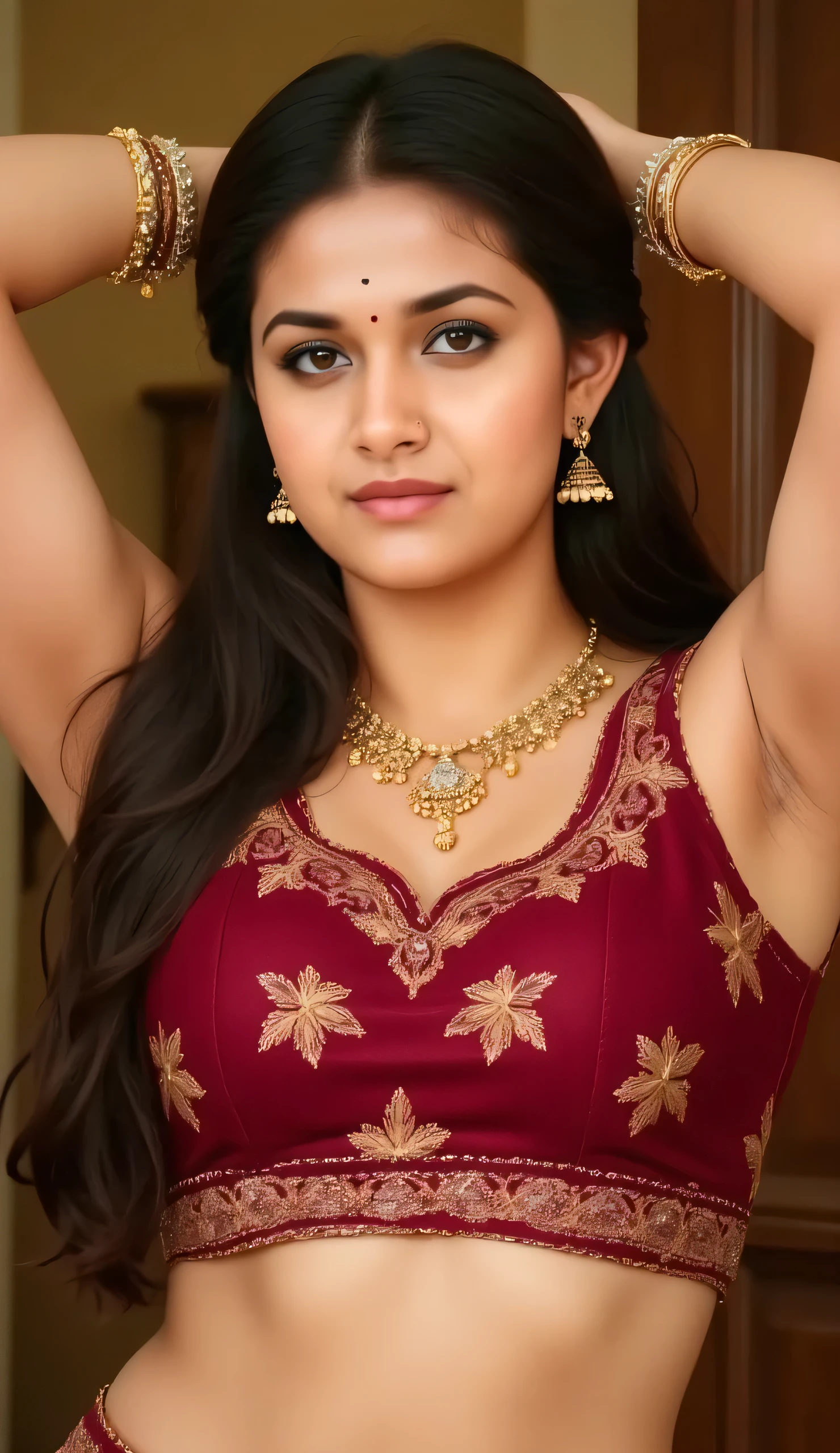 A woman is posing with her arms raised above her head, showcasing an outfit that includes a rich red crop top and matching lower garment. The crop top is adorned with intricate gold embroidery, featuring floral and leaf patterns that add a touch of elegance to the attire. The lower garment, styled similarly with gold embellishments, complements the top and highlights her waistline. She is accessorized with traditional jewelry, including a striking gold necklace with elaborate designs and matching earrings, as well as delicate gold bracelets on one wrist. Her long, dark hair cascades down in waves, adding to the overall graceful and poised appearance. The background appears to be a neutral-toned indoor setting, which keeps the focus on her attire and accessories. The lighting is warm and soft, enhancing the richness of the colors and textures in her outfit.