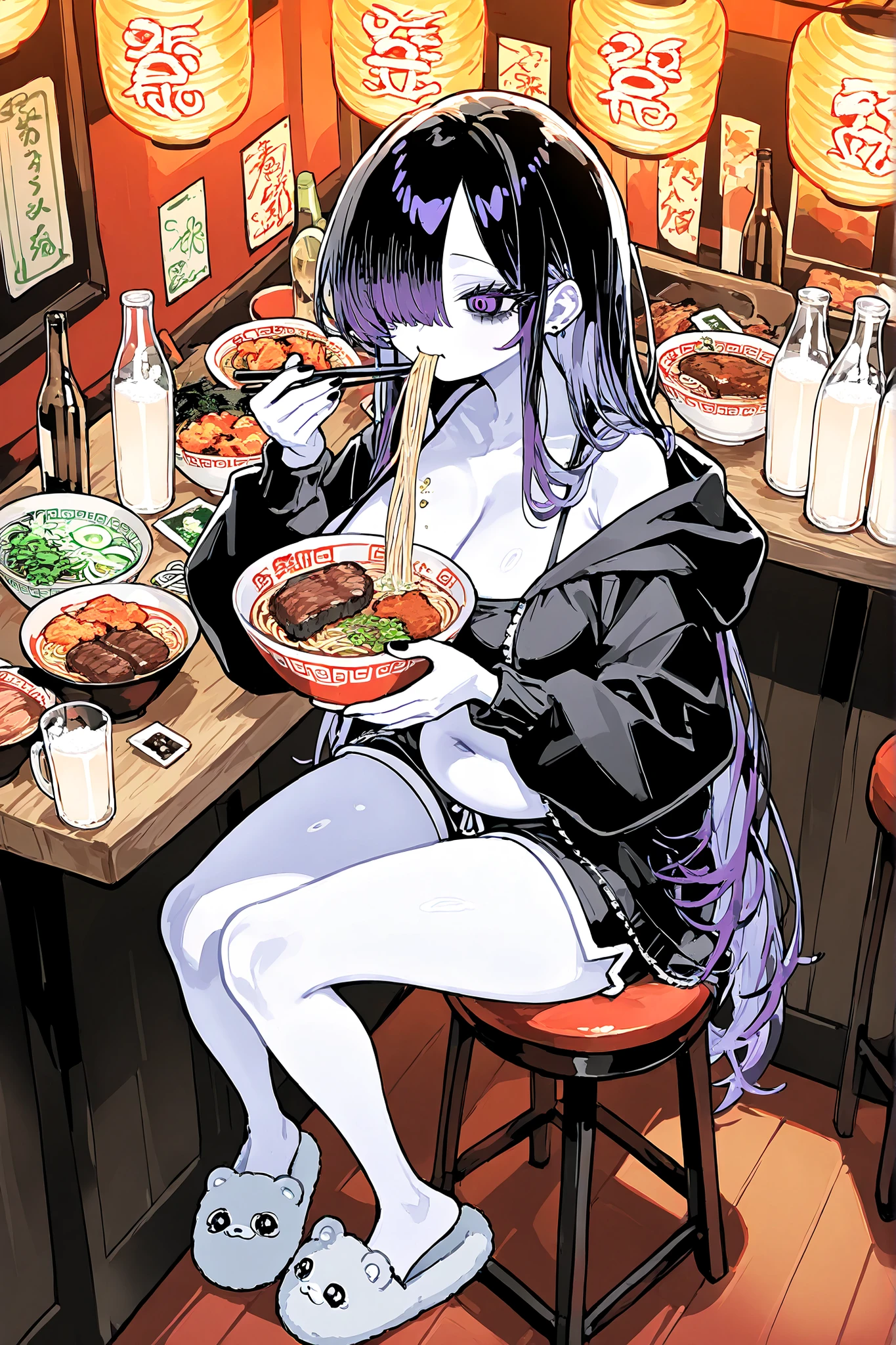 (ai drawing anime characters eating ramen, ai drawing anime characters eating ramen (meme), ramen, noodles, meme, bowl, eating, restaurant,eating ramen) The girl is a ghost. (her body is transparent and translucent because she is a ghost.) She has a mature physique, big breasts, small belly, fat hips, long legs. She has ghostly pale skin and bruises under her eyes. She has tired big black-purple eyes with long eyelashes and leaking mascara. She has black very long hair with purple highlights, she has a careless long ghostly hairstyle with long hair over one eye. She has a black manicure. She is wearing a black hoodie, shorts and fluffy slippers. She's sitting on bar stool and holding chopsticks. (In the background: a room with an authentic traditional Japanese interior of ramen shop decorated with red paper lanterns, a wooden bar table with a bowl of ramen on it. The bowl contains mushrooms, deep-fried shrimp, steak, green onions, and green sprouts. next to it is a bottle of soda, a glass of milk bubble tea with a straw,a bottle of beer and a mug.)