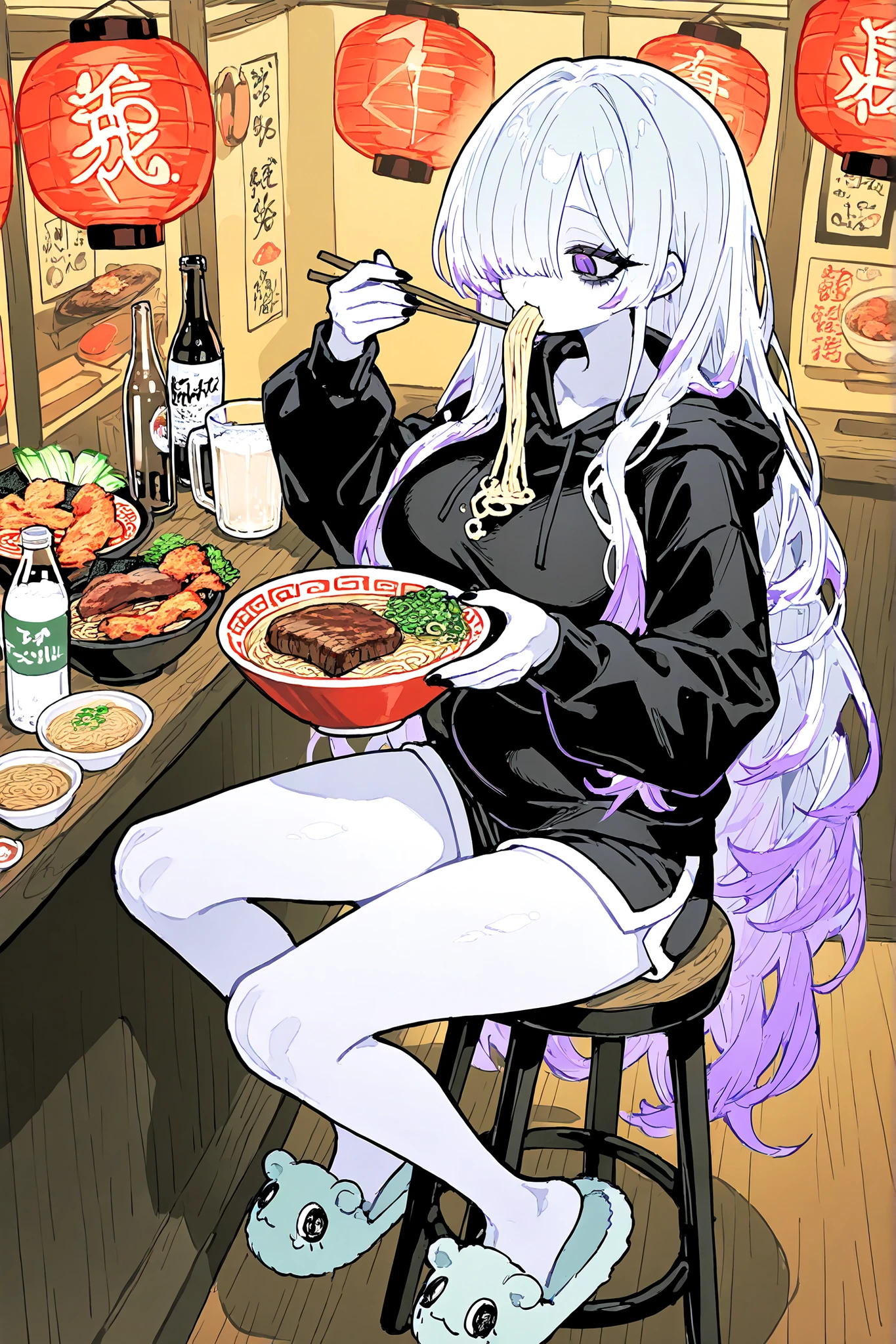 (ai drawing anime characters eating ramen, ai drawing anime characters eating ramen (meme), ramen, noodles, meme, bowl, eating, restaurant,eating ramen) The girl is a ghost. (her body is transparent and translucent because she is a ghost.) She has a mature physique, big breasts, small belly, fat hips, long legs. She has ghostly pale skin and bruises under her eyes. She has tired big black-purple eyes with long eyelashes and leaking mascara. She has black very long hair with purple highlights, she has a careless long ghostly hairstyle with long hair over one eye. She has a black manicure. She is wearing a black hoodie, shorts and fluffy slippers. She's sitting on bar stool and holding chopsticks. (In the background: a room with an authentic traditional Japanese interior of ramen shop decorated with red paper lanterns, a wooden bar table with a bowl of ramen on it. The bowl contains mushrooms, deep-fried shrimp, steak, green onions, and green sprouts. next to it is a bottle of soda, a glass of milk bubble tea with a straw,a bottle of beer and a mug.)