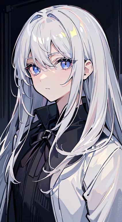 1 girl, ((Girl is and slim, attractive and tall)), ((Girl has long silver hair)), ((purple and blue gradient eyes)), ((Girl wears a black body shirt, white jacket, short white pleated skirt, black stocking)), ((Girl is in the bedroom)), ((Girl is looking at viewer, serious, crossing arms)), 8k, ray tracing, night, zooming out
