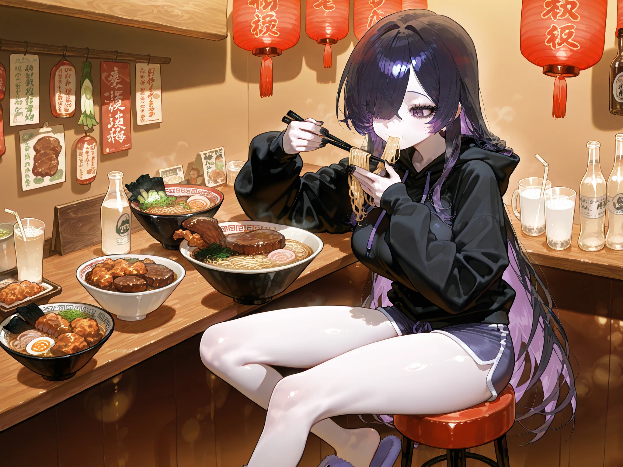(ai drawing anime characters eating ramen, ai drawing anime characters eating ramen (meme), ramen, noodles, meme, bowl, eating, restaurant,eating ramen) The girl is a ghost. (her body is transparent and translucent because she is a ghost.) She has a mature physique, big breasts, small belly, fat hips, long legs. She has ghostly pale skin and bruises under her eyes. She has tired big black-purple eyes with long eyelashes and leaking mascara. She has black very long hair with purple highlights, she has a careless long ghostly hairstyle with long hair over one eye. She has a black manicure. She is wearing a black hoodie, shorts and fluffy slippers. She's sitting on bar stool and holding chopsticks. (In the background: a room with an authentic traditional Japanese interior of ramen shop decorated with red paper lanterns, a wooden bar table with a bowl of ramen on it. The bowl contains mushrooms, deep-fried shrimp, steak, green onions, and green sprouts. next to it is a bottle of soda, a glass of milk bubble tea with a straw,a bottle of beer and a mug.)