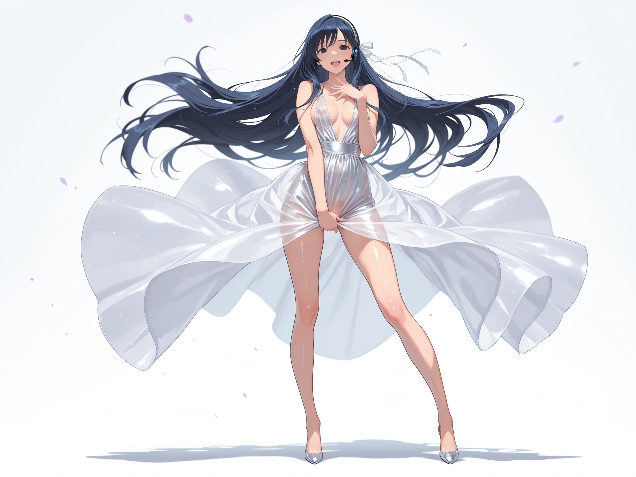 (solo, girl, slim proportion, dark blue haired, very long hair, beautiful black eyes, front view, looking at viewer, standing ,(wearing a knee-length transparent white dress with a transparent overskirt, Revealing dress, a soft tulle ribbon on her waist, fabric looks airy and light, glowing in silver and lilac tones., hair and dress flow together in soft wind, gentle and dreamy expression, shiny skin),(smile), (light blue plain background),depth of field, accurate face, Accurate Fingers, Accurate feet, masterpiece, top quality,Super Detailed, beautiful ,((full body)), dynamic pose, and singing, visible nipple and vagina through her dress, headset microphone