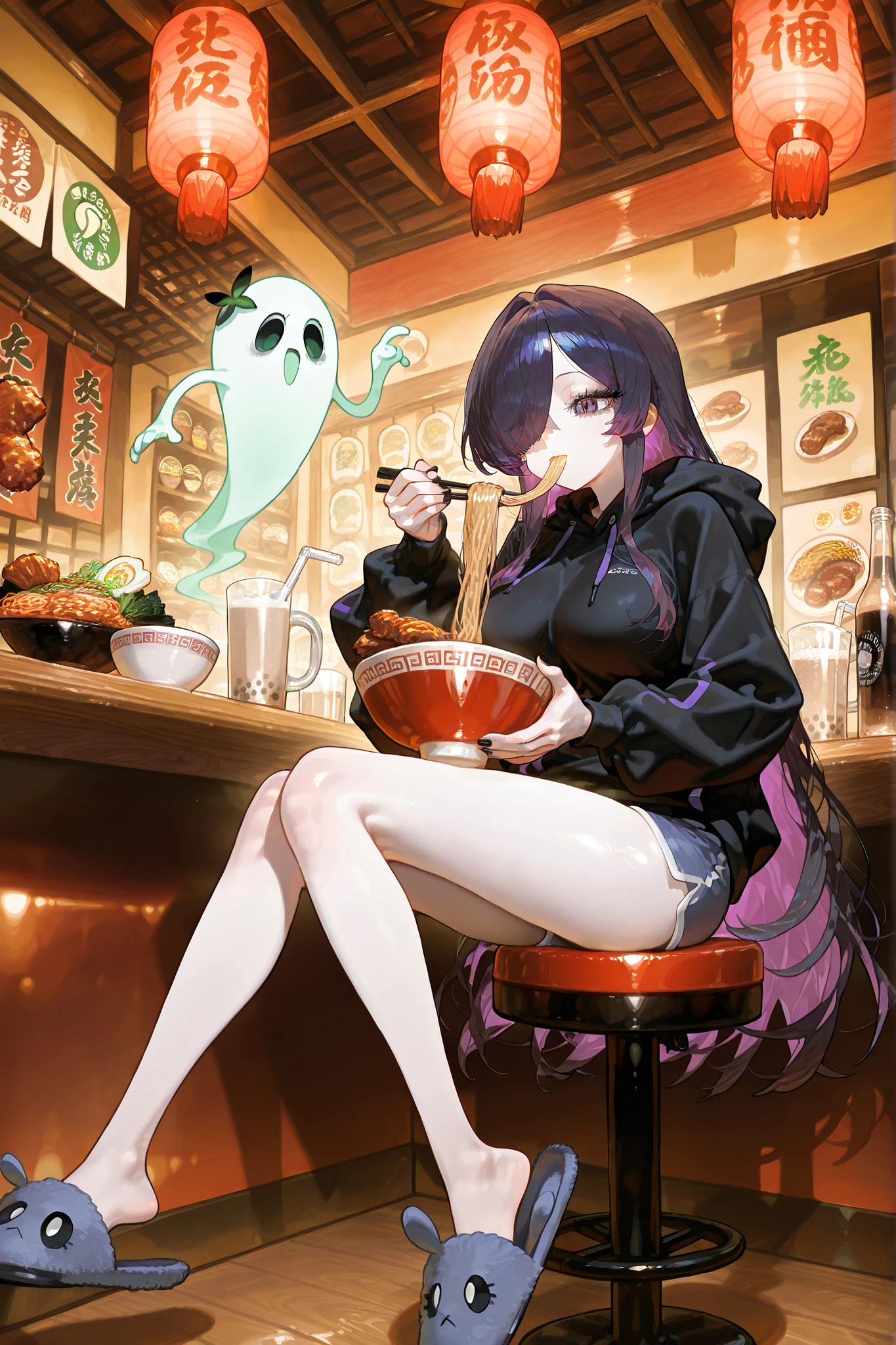 (ai drawing anime characters eating ramen, ai drawing anime characters eating ramen (meme), ramen, noodles, meme, bowl, eating, restaurant,eating ramen) The girl is a ghost. (her body is transparent and translucent because she is a ghost.) She has a mature physique, big breasts, small belly, fat hips, long legs. She has ghostly pale skin and bruises under her eyes. She has tired big black-purple eyes with long eyelashes and leaking mascara. She has black very long hair with purple highlights, she has a careless long ghostly hairstyle with long hair over one eye. She has a black manicure. She is wearing a black hoodie, shorts and fluffy slippers. She's sitting on bar stool and holding chopsticks. (In the background: a room with an authentic traditional Japanese interior of ramen shop decorated with red paper lanterns, a wooden bar table with a bowl of ramen on it. The bowl contains mushrooms, deep-fried shrimp, steak, green onions, and green sprouts. next to it is a bottle of soda, a glass of milk bubble tea with a straw,a bottle of beer and a mug.)