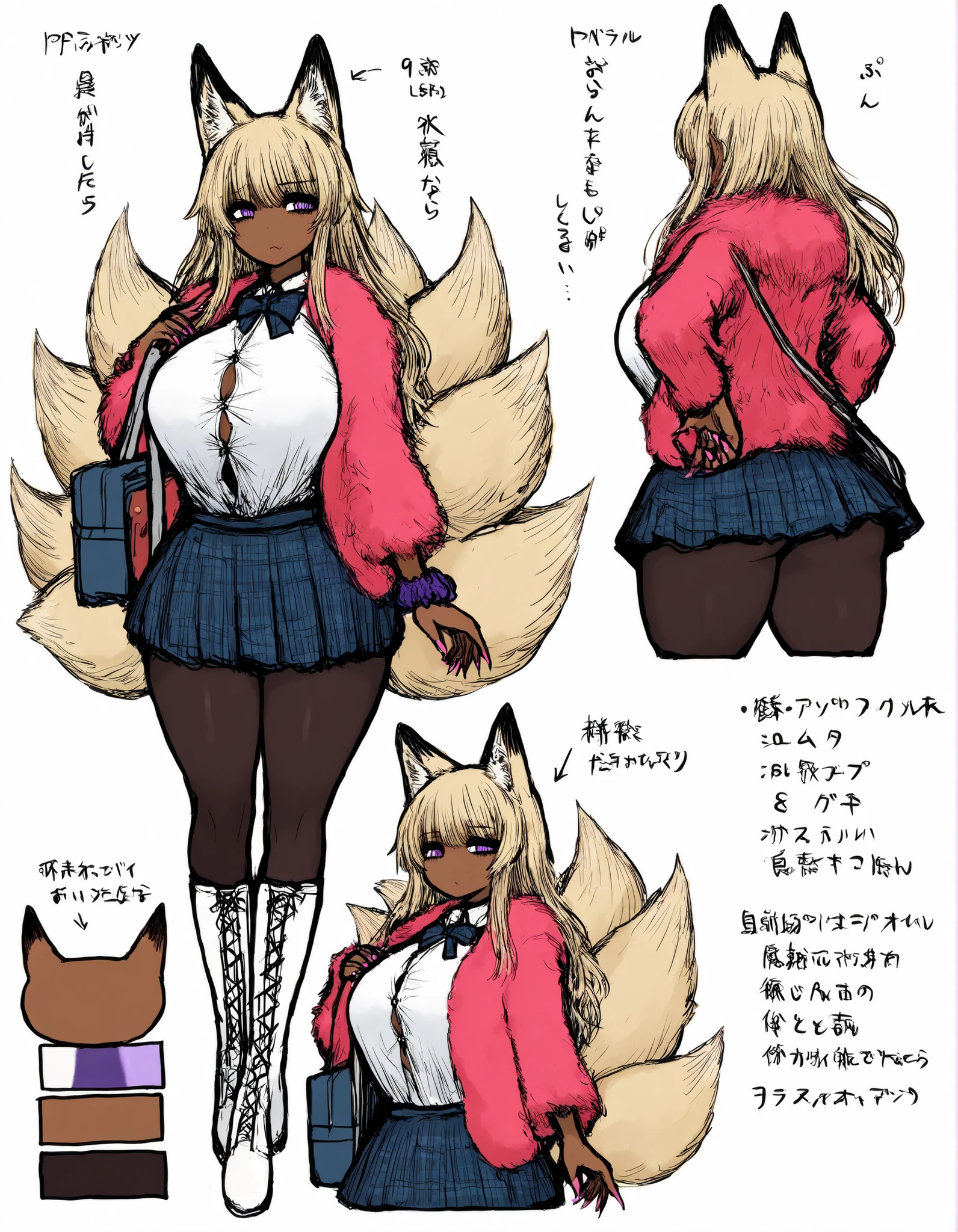 (masterpiece), best quality, 1girl, perfect face,curvy body,(cute face),huge round breasts,wide hips,thick thighs,school uniform, tight buttons shirt,pudgy belly,long leopard fur coat ,Button shirt gap, red plaid skirt, wrist scrunchie, long fingernails,fow ears,kitsune , kitsune girl , kitsune ears , fluffy fox tails , 9 tails , pink nails,dark tan skin,purple eyes,long hair, frizzy hair, platinum blonde hair,handbag, rose pantyhose, white lace boots, gyaru girl,cowboy shot,white background, reference sheet, multiple views, character sheet,black souls style