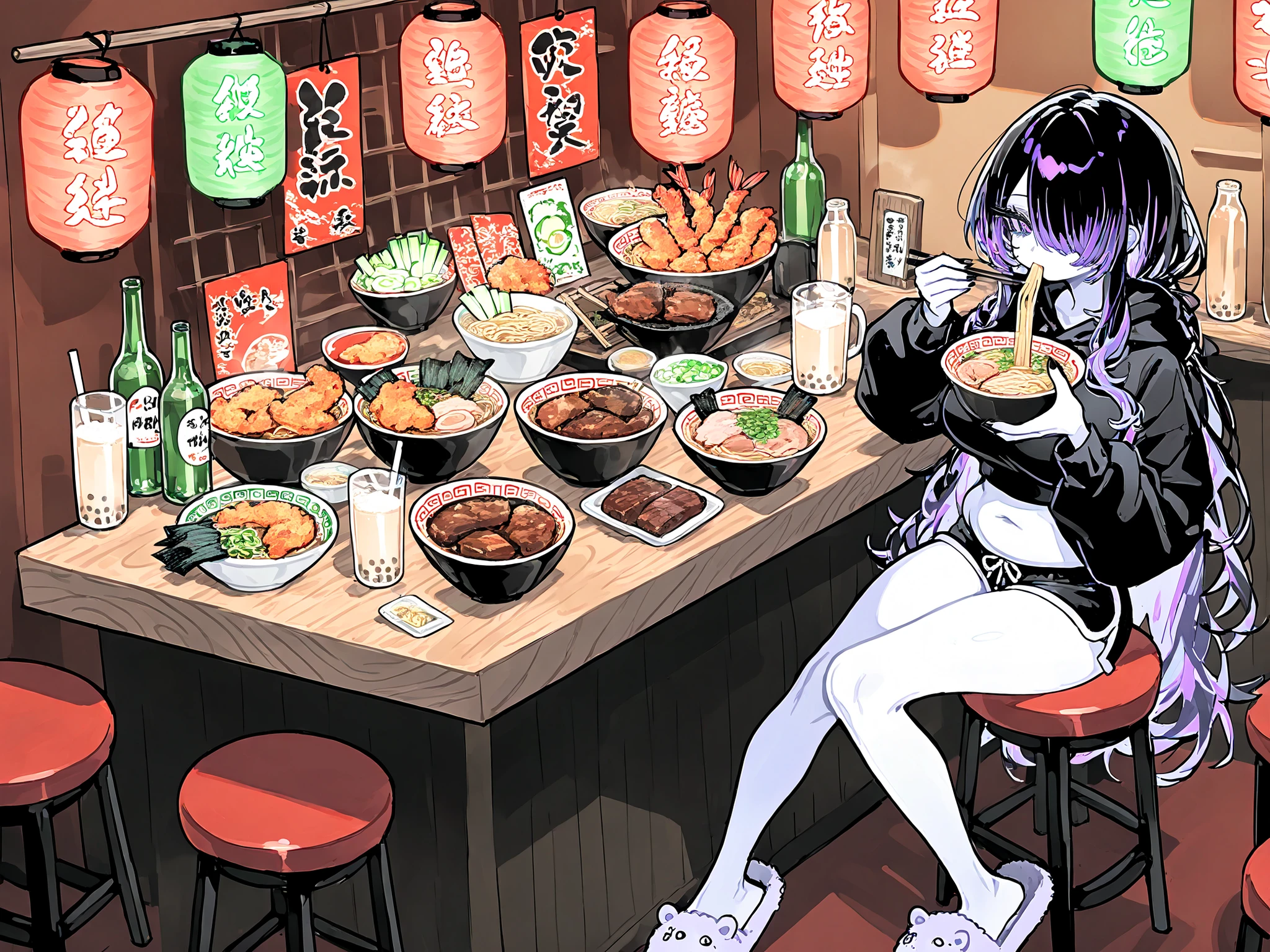 (ai drawing anime characters eating ramen, ai drawing anime characters eating ramen (meme), ramen, noodles, meme, bowl, eating, restaurant,eating ramen) The girl is a ghost. (her body is transparent and translucent because she is a ghost.) She has a mature physique, big breasts, small belly, fat hips, long legs. She has ghostly pale skin and bruises under her eyes. She has tired big black-purple eyes with long eyelashes and leaking mascara. She has black very long hair with purple highlights, she has a careless long ghostly hairstyle with long hair over one eye. She has a black manicure. She is wearing a black hoodie, shorts and fluffy slippers. She's sitting on bar stool and holding chopsticks. (In the background: a room with an authentic traditional Japanese interior of ramen shop decorated with red paper lanterns, a wooden bar table with a bowl of ramen on it. The bowl contains mushrooms, deep-fried shrimp, steak, green onions, and green sprouts. next to it is a bottle of soda, a glass of milk bubble tea with a straw,a bottle of beer and a mug.)