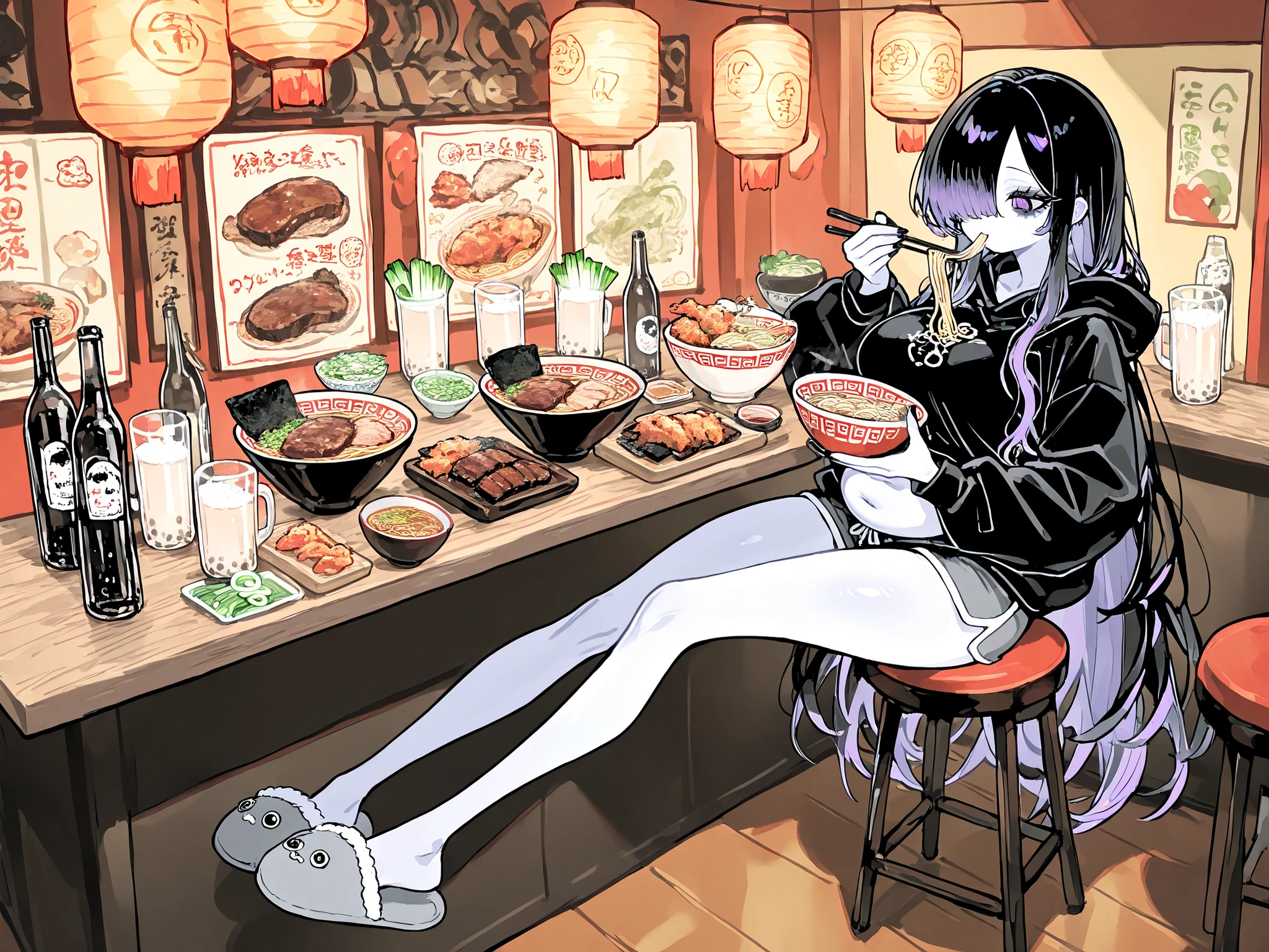 (ai drawing anime characters eating ramen, ai drawing anime characters eating ramen (meme), ramen, noodles, meme, bowl, eating, restaurant,eating ramen) The girl is a ghost. (her body is transparent and translucent because she is a ghost.) She has a mature physique, big breasts, small belly, fat hips, long legs. She has ghostly pale skin and bruises under her eyes. She has tired big black-purple eyes with long eyelashes and leaking mascara. She has black very long hair with purple highlights, she has a careless long ghostly hairstyle with long hair over one eye. She has a black manicure. She is wearing a black hoodie, shorts and fluffy slippers. She's sitting on bar stool and holding chopsticks. (In the background: a room with an authentic traditional Japanese interior of ramen shop decorated with red paper lanterns, a wooden bar table with a bowl of ramen on it. The bowl contains mushrooms, deep-fried shrimp, steak, green onions, and green sprouts. next to it is a bottle of soda, a glass of milk bubble tea with a straw,a bottle of beer and a mug.)