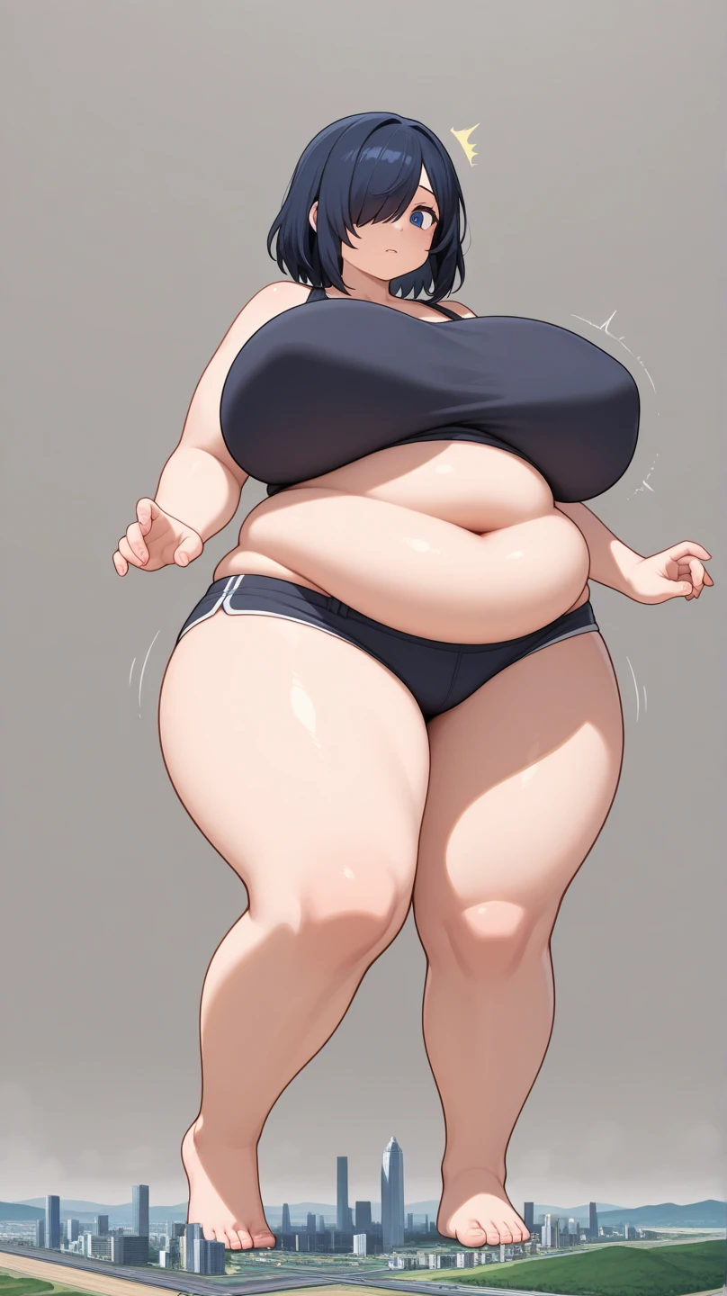 ((best quality)), ((masterpiece)), (detailed), shinobu , hot and sexy woman  having massive boobies and thick thighs, voluptuous figure, belly folds, chubby body, black   hair,  short hair, middle split hair, no hair on forehead , purple hair tip,  butterfly hair ornament, back natural light , light barley falling on the body  , no expressions, wide hips, thick thighs , wearing butterfly micro Bikini  , looking at viewer , full body, narrow waist, standing straight, sexy pose, model pose,  Hip up