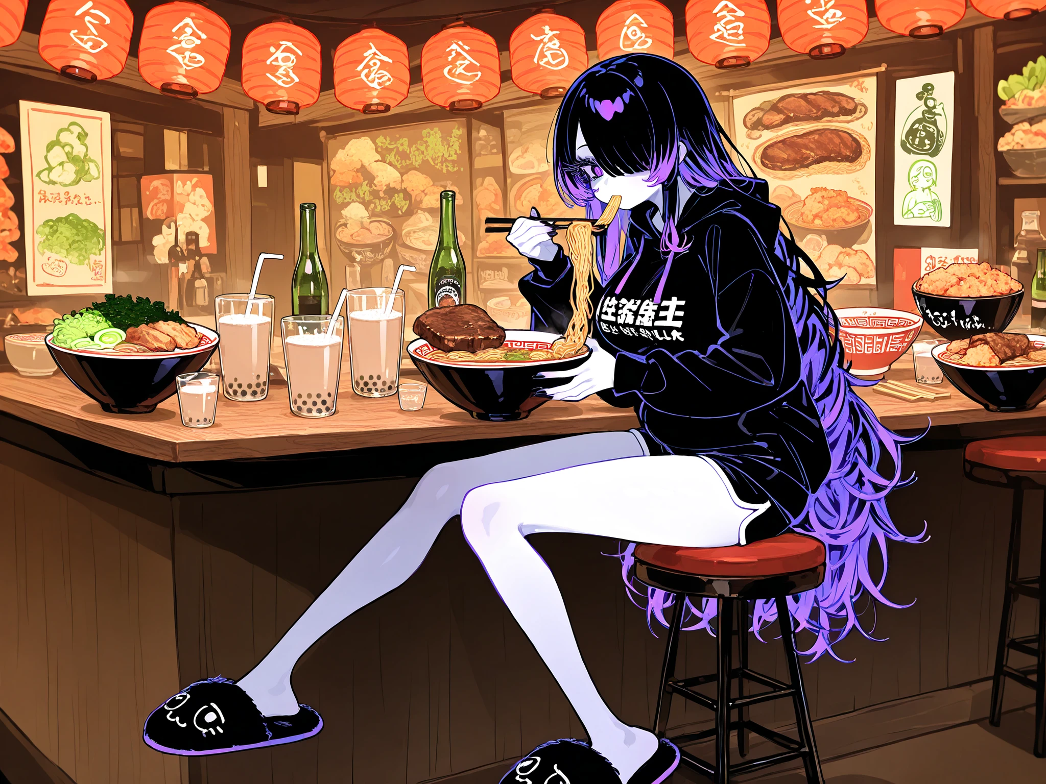 (ai drawing anime characters eating ramen, ai drawing anime characters eating ramen (meme), ramen, noodles, meme, bowl, eating, restaurant,eating ramen) The girl is a ghost. (her body is transparent and translucent because she is a ghost.) She has a mature physique, big breasts, small belly, fat hips, long legs. She has ghostly pale skin and bruises under her eyes. She has tired big black-purple eyes with long eyelashes and leaking mascara. She has black very long hair with purple highlights, she has a careless long ghostly hairstyle with long hair over one eye. She has a black manicure. She is wearing a black hoodie, shorts and fluffy slippers. She's sitting on bar stool and holding chopsticks. (In the background: a room with an authentic traditional Japanese interior of ramen shop decorated with red paper lanterns, a wooden bar table with a bowl of ramen on it. The bowl contains mushrooms, deep-fried shrimp, steak, green onions, and green sprouts. next to it is a bottle of soda, a glass of milk bubble tea with a straw,a bottle of beer and a mug.)