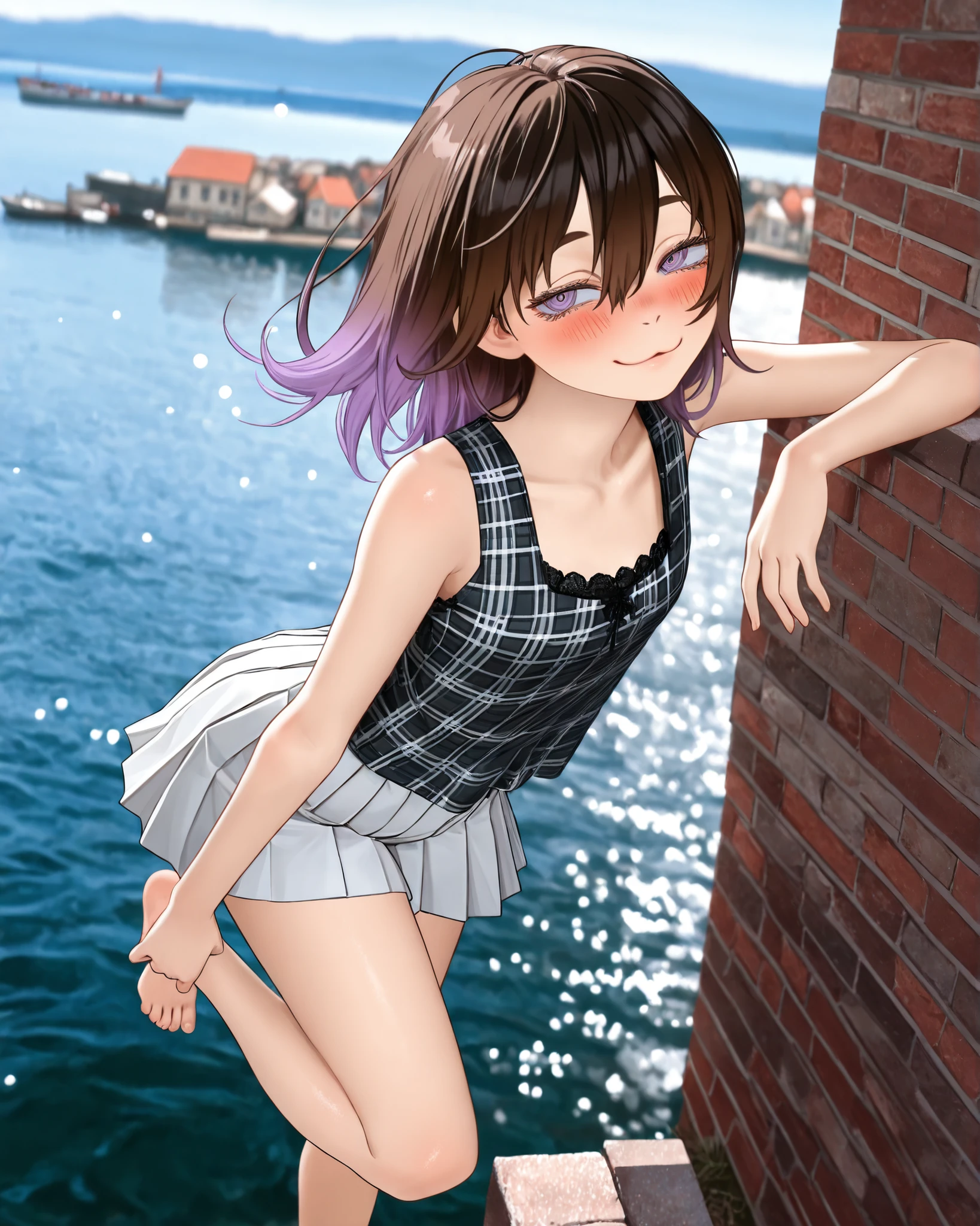 ((Tatsuki Fujimoto style)), ((Masterpiece)), ((best quality, amazing quality)), ((very aesthetic, absurdres, newest)), ((detailed background, negative space, blurry background, depth of field, Asymmetrical background)), (dynamic angle, wide shot, from above, from side), ((1girl)), Cute young Girl, (Healthy Gaunt body, Textured skin, small breast, tilt head), Glossy hair, (hair between eyes, long bangs, long side bangs), (medium hair, dark brown hair, unruly hair, gradient hair), ((seductive smile, :3, blush)), (ringed eyes, pale purple eyes, glitter eyes, gradient eyes, averting eyes, looking at side), big eyes, (short eyebrows), glossy lips, (lower eyelashes), BREAK, (Plaid tanktop, Nordic Folk Clothing), (white pleated skirt, inner short shorts, Black Embroidered pleated skirt), bare arms, Beautiful thigh、Beautiful collarbones, Beautiful shoulders, (Standing on one leg, toe up, balancing on the brick wall), aged brick wall, Cape, Bay, (Landscape below the port town), outdoor, wind blow, distinct, (heavy outline),