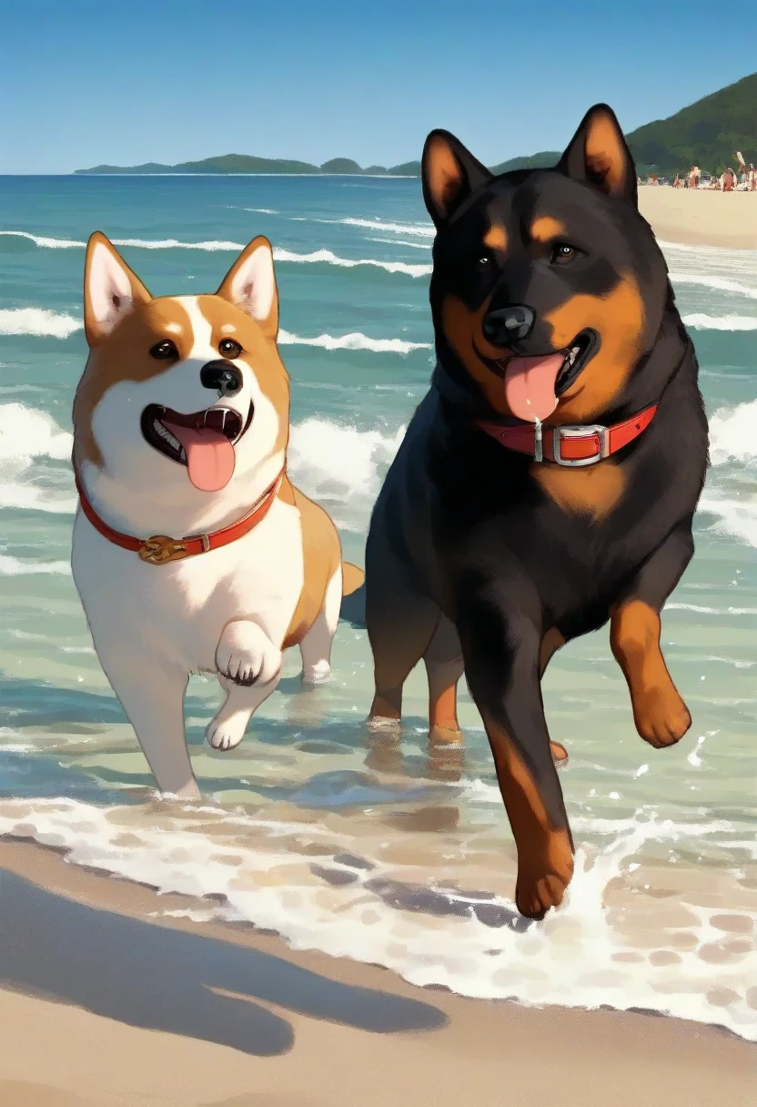  () (Supergirl ((human)) medium breasts, strip of pubic hair) , side to rear view,  a ((male furry dog white pitbull with a dog )), on a deserted beach