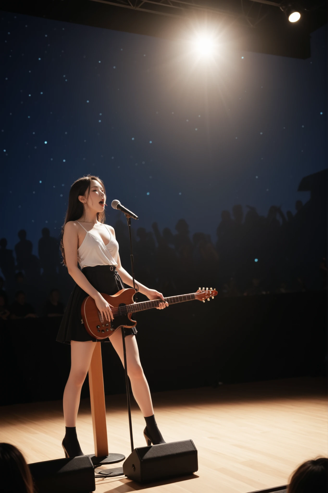 Highest Quality,masterpiece,RocksingerのStage,Rock,singer,Stage,under the spotlight,The sound of a guitar cuts through the night sky,sweat,Screams mixed in,passion,エネルギーに満ちたStage,is soft to the touch,Delicate Body Curves,Realistic Human Body,Poses with Movement,