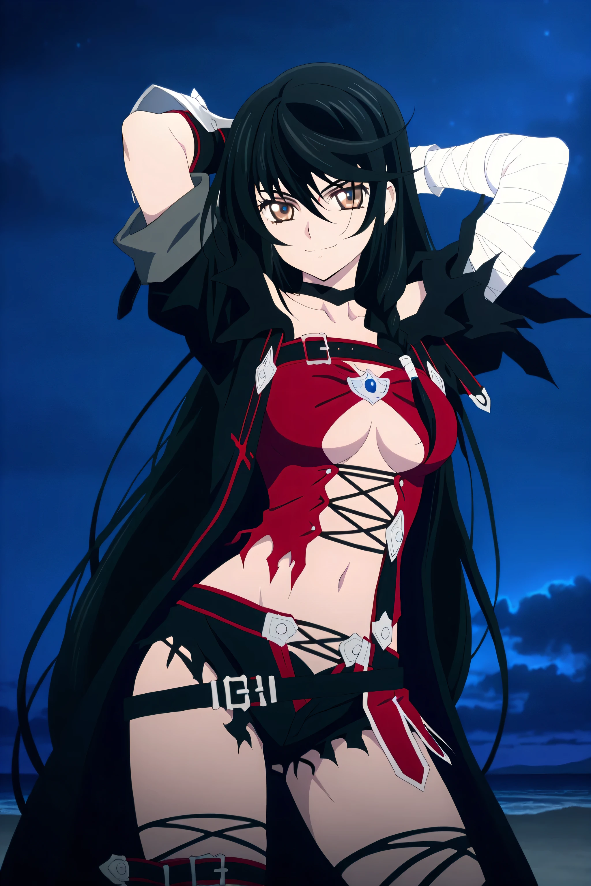 Velvet Crowe (character), 1girl, solo, black hair, long hair, golden-brown eyes, medium breasts, bandages, choker, bandaged arm, breasts, long hair, torn clothes, navel, underboob, black choker, shorts, anime screencap, high quality, solo, night sky, beach, arms behind head, ((contrapposto)), closed mouth, cowboy shot, looking at viewer, smile, best quality