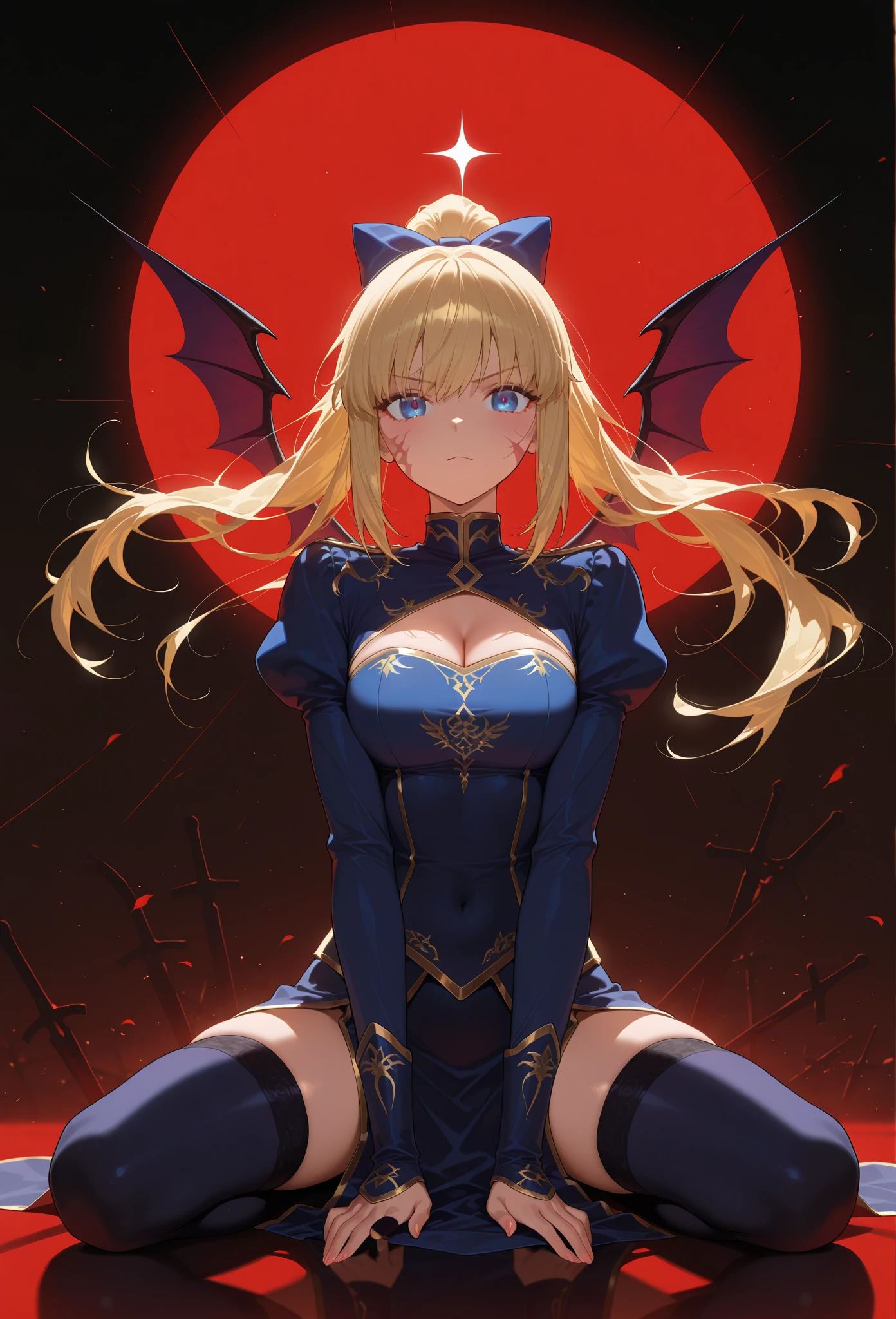 an anime woman on knee's with arms outstretched is jumping in air, 1girl, morrigan aensland, solo, , head wings, wings, bat print, print legwear, long hair, pantyhose, animal print, , bat wings, demon girl, leotard,  shoulders, purple pantyhose,Ichigo Hoshimiya (Aikatsu!), morrigan aensland, bangs, demon girl, boots, Blonde hair, highleg, bat wings, black leotard, boots, bridal gauntlets,  leotard, head wings, bat print, print legwear, long hair, black clothing, , wings, pantyhose, clothing cutout, heart cutout,