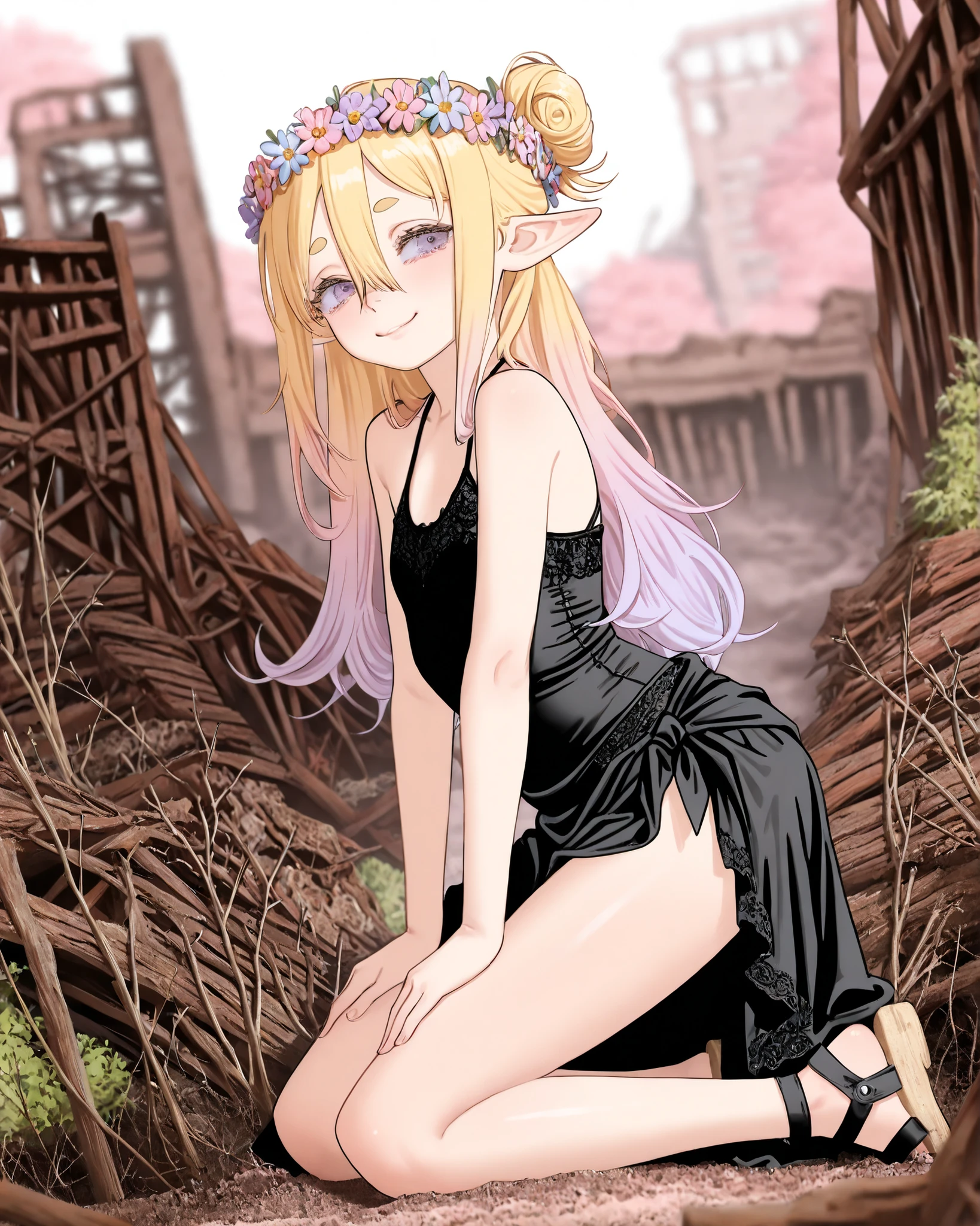 ((Tatsuki Fujimoto style)), ((Masterpiece)), ((best quality, amazing quality)), ((very aesthetic, absurdres, newest)), ((detailed background, negative space, blurry background, depth of field, Asymmetrical background)), (dynamic angle, wide shot, from side), ((1girl)), Cute young Girl, (Healthy Gaunt body, Textured skin, small breast, tilt head), elf ears, Glossy unruly hair, (beautiful blond hair, gradient hair, Pastel colors Hair Tip), (hair between eyes, long bangs, long side bangs), side bun, (put on noble head wreath), BREAK, big eyes, (cute cheeks), glossy lips, pouty lips, (lower eyelashes), ((Thin and short eyebrows)), (pale purple eyes, gradient eyes, averting eyes, looking at side), sad smile, tears, open mouth, (Black Embroidered Tribal black tubetop, medium sarong skirt), Cheesy sandals, bare arms, (Place hands on thighs), colorful, (loose kneeling the Ruins with flowers and vegetation, Tranquil Place, rotten wood), outdoor, sultry, Beautiful landscape, wind blow, Scattered rubbles,