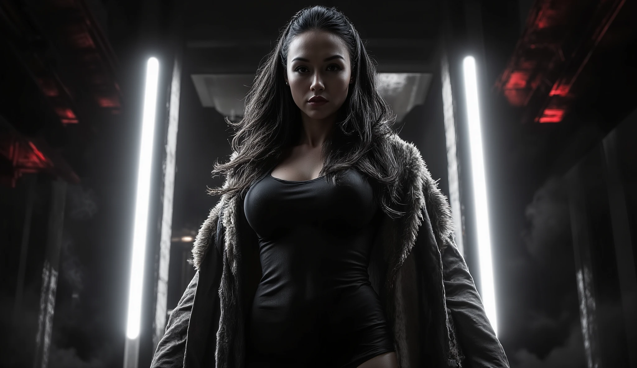 A cinematic noir-style portrait inspired by Sin City, ultra-realistic. A confident woman with long dark hair stands in a dimly lit room, wearing a sleek black outfit with a fur coat draped over her shoulders. Two vertical neon lights glow beside her, casting a dramatic white light against the dark background. Her expression is intense and mysterious, exuding power and elegance. The entire image is in black and white with subtle red accents, high-contrast lighting, soft shadows, cinematic film grain, and a smoky atmosphere. 16:9 aspect ratio.