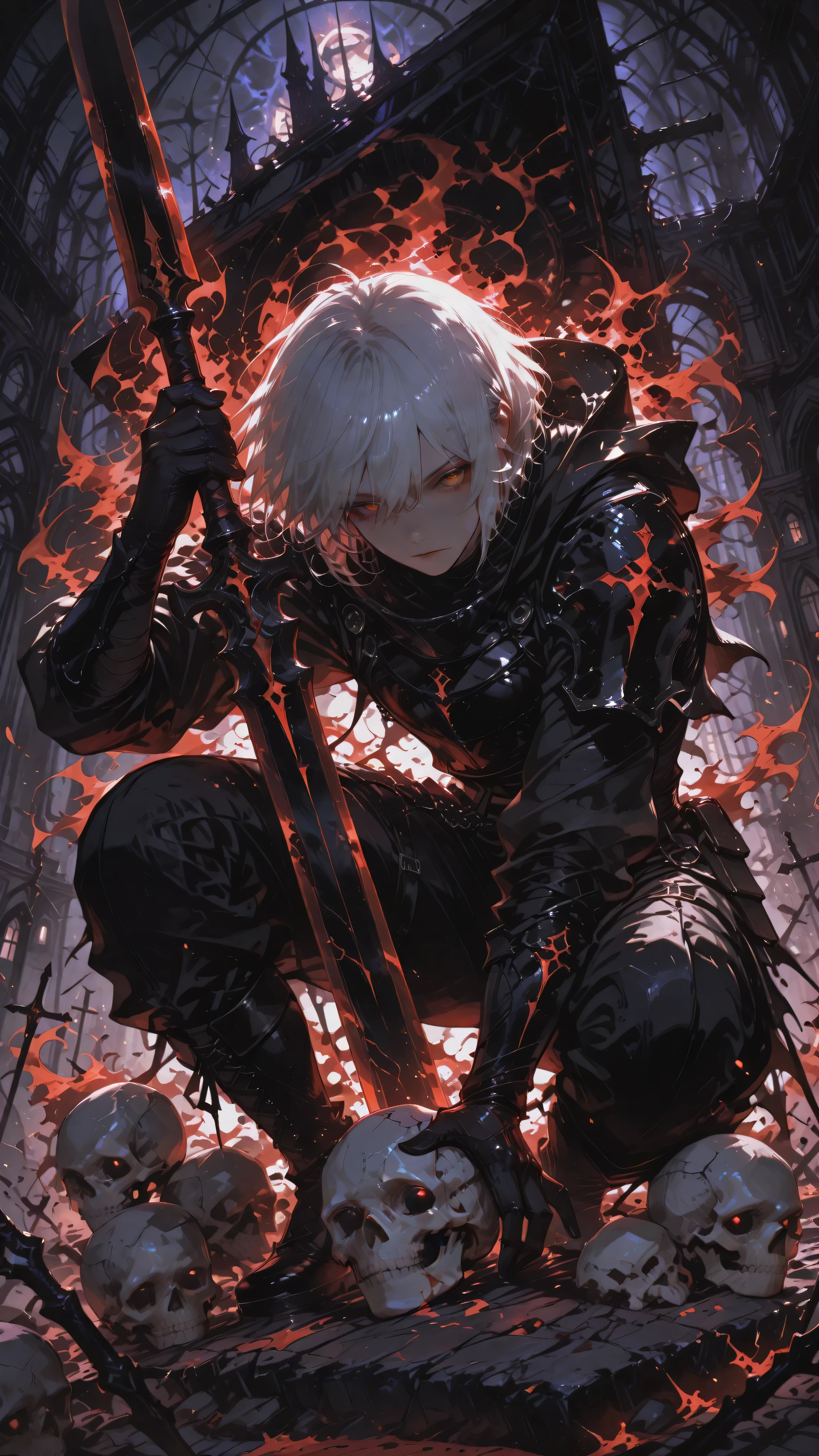 Anime boy character. Close-up, close angle. white hair, amber eyes, crouched, Infernal gothic outfit, black armor with crimson details and flaming aura. Holding a colossal spear with two blades, double spear, one on each end,  Blood blade, environment with bones and skulls, dark. Anime illustration, extremely energetic aura, dynamic angle, dramatic perspective, masterpiece, ultra-detailed, dynamic volumetric lighting, bokeh background, cinematic atmosphere, ultra-sharp focus, soft shadows, realistic shading, realistic anime skin texture, realistic anime fabric folds, dark ethereal style, haunting ethereal atmosphere.