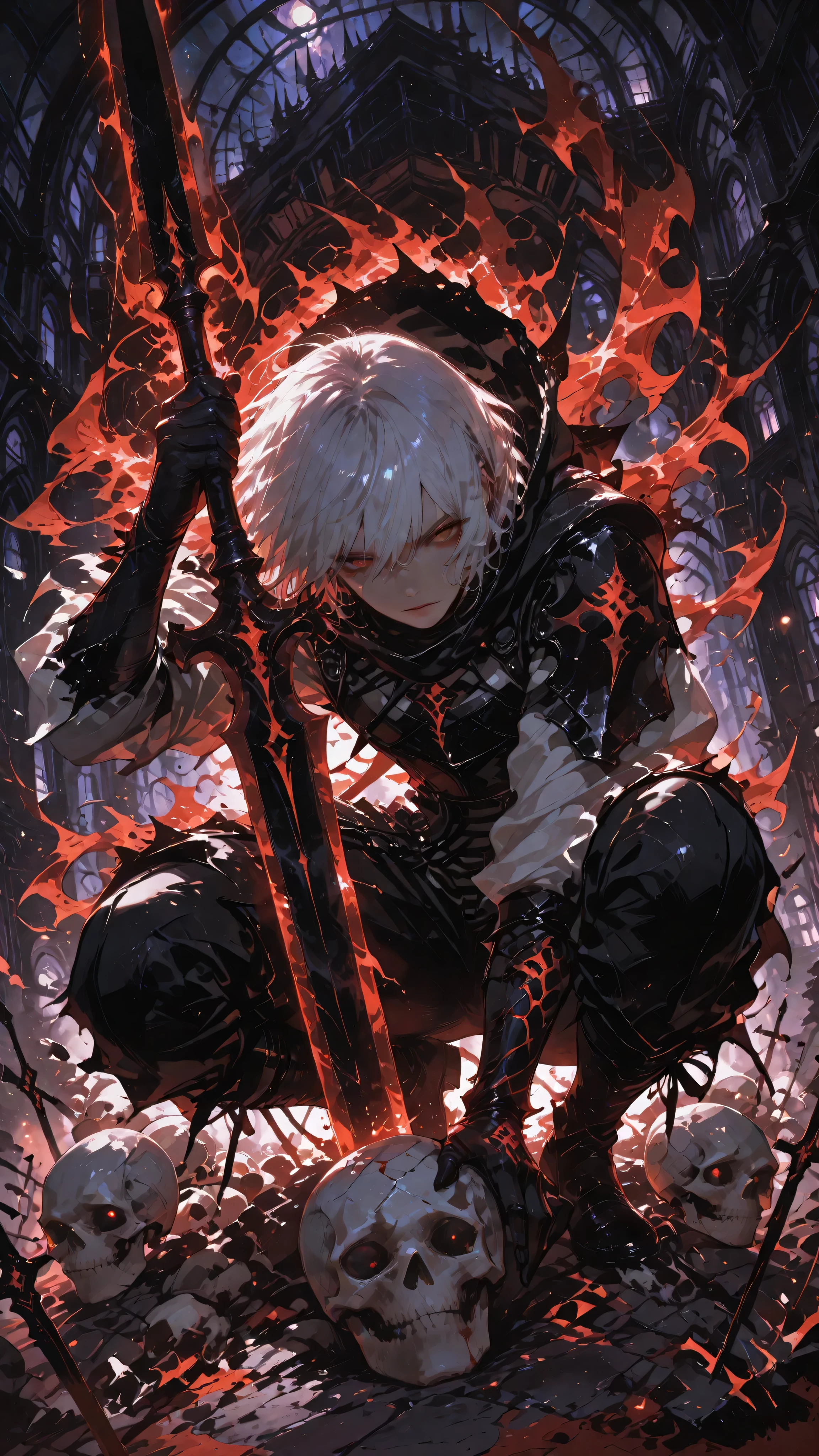 Anime boy character. Close-up, close angle. white hair, amber eyes, crouched, Infernal gothic outfit, black armor with crimson details and flaming aura. Holding a spear with two blades, one on each end, Blood blade, environment with bones and skulls, dark. Anime illustration, extremely energetic aura, dynamic angle, dramatic perspective, masterpiece, ultra-detailed, dynamic volumetric lighting, bokeh background, cinematic atmosphere, ultra-sharp focus, soft shadows, realistic shading, realistic anime skin texture, realistic anime fabric folds, dark ethereal style, haunting ethereal atmosphere.