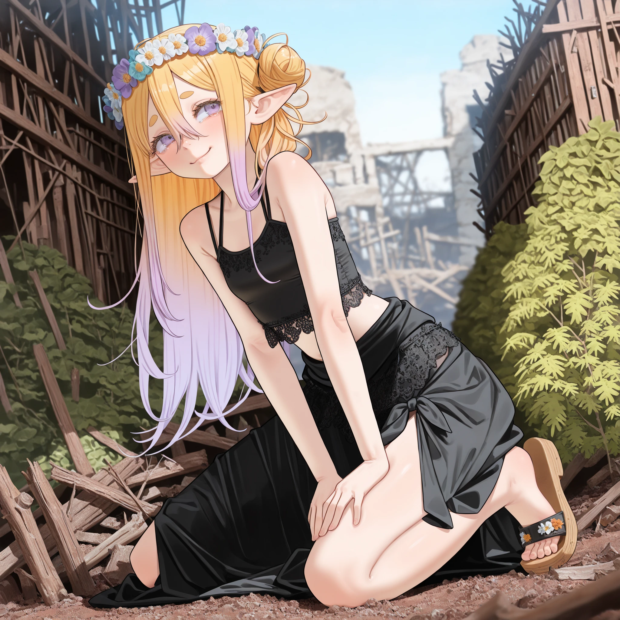 ((Tatsuki Fujimoto style)), ((Masterpiece)), ((best quality, amazing quality)), ((very aesthetic, absurdres, newest)), ((detailed background, negative space, blurry background, depth of field, Asymmetrical background)), (dynamic angle, wide shot), ((1girl)), Cute young Girl, (Healthy Gaunt body, Textured skin, small breast, tilt head), elf ears, Glossy unruly hair, (beautiful blond hair, gradient hair, Pastel colors Hair Tip), (hair between eyes, long bangs, long side bangs), side bun, (put on noble head wreath), BREAK, big eyes, (cute cheeks), glossy lips, pouty lips, (lower eyelashes), ((Thin and short eyebrows)), (pale purple eyes, gradient eyes, averting eyes, looking at side), sad smile, tears, open mouth, (Black Embroidered Tribal black tubetop, medium sarong skirt), Cheesy sandals, bare arms, (Place hands on thighs), colorful, (learning back, loose kneeling the Ruins with flowers and vegetation, Tranquil Place, rotten wood), outdoor, sultry, Beautiful landscape, wind blow, Scattered rubbles,