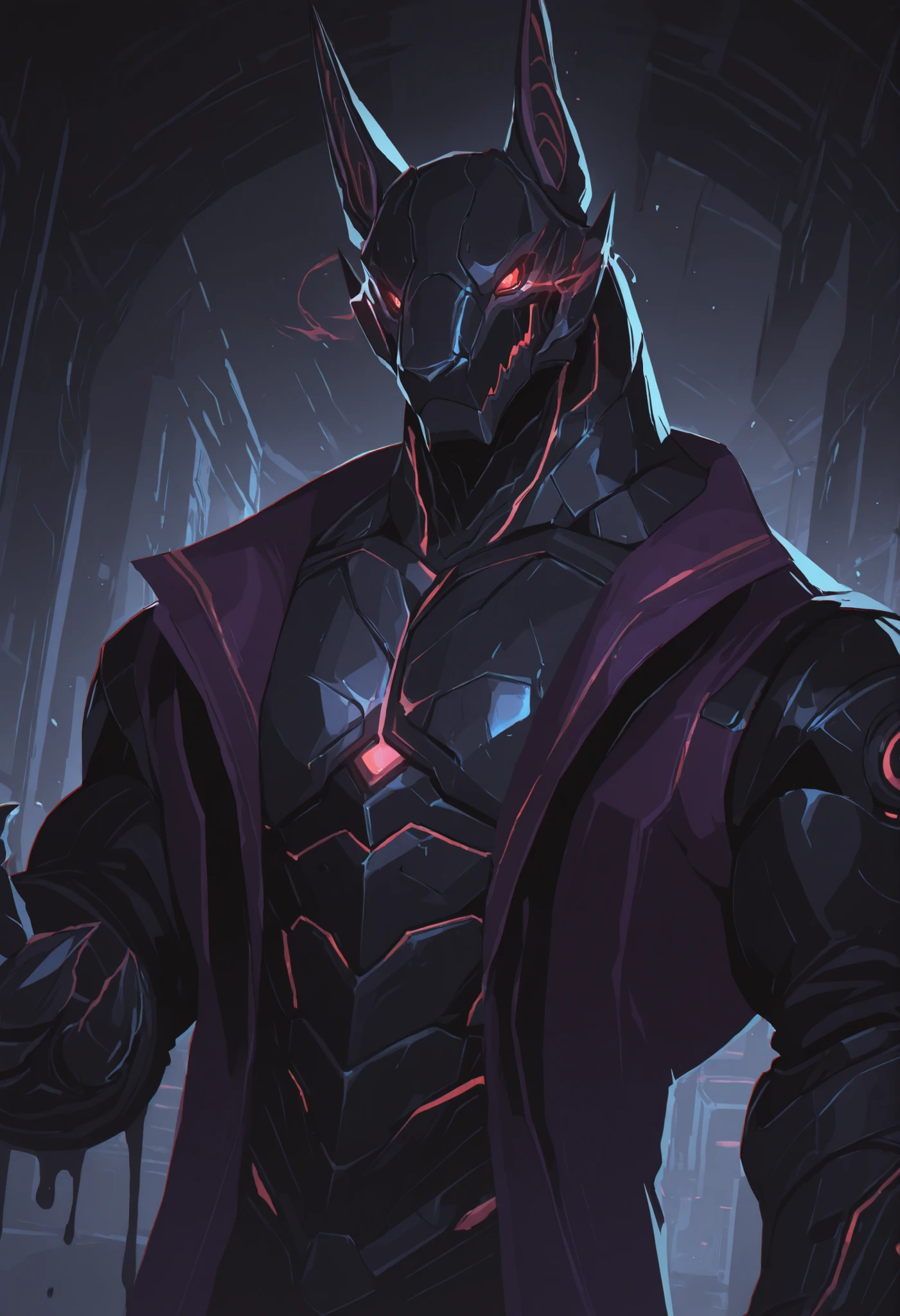 score_9, score_8_up, score_7_up, score_6_up, score_5_up, score_4_up, gigerworld, anthro jackal, wearing black waistcoat over heavy armor, bulky, wide chest, purple expensive tailcoat and trousers, open shirt on chest,
cybrog, anthro, jackal, male, Muscle, Delicate face, Delicate eyes, 1 big tail, (glowing LED), rubber goo body, crimson glowing eyes, black steel scales, black and evil armor, futuristic fantasy evil armor, heavy armor, snout-cover armored mask, faceless head, balanced physique, muscle-shaped armor, war machine, muscular physique, thick arms and legs, claws, warframe, cyborg

dnd, powerful pose, levitating, advanced and stylish design, dutch angle, portrait, upper body focus, detailed background, newest, extremely detailed CG unity 8k wallpaper, realistic, masterpiece, highest quality, masterpiece, highest quality, lens flare, unreal engine, trending on ArtStation, Intricate, High Detail, dramatic, beautiful and detailed lighting, shadows