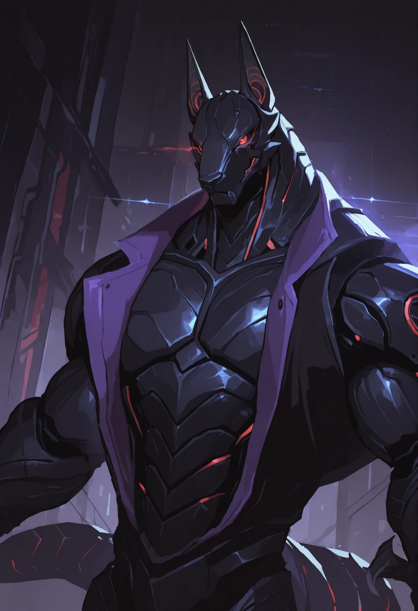 score_9, score_8_up, score_7_up, score_6_up, score_5_up, score_4_up, gigerworld, anthro jackal, wearing black waistcoat over heavy armor, bulky, wide chest, purple expensive jacket, open shirt on chest,
cybrog, anthro, jackal, male, Muscle, Delicate face, Delicate eyes, 1 big tail, (glowing LED), rubber goo body, crimson glowing eyes, black steel scales, black and evil armor, futuristic fantasy evil armor, heavy armor, snout-cover armored mask, faceless head, balanced physique, muscle-shaped armor, war machine, muscular physique, thick arms and legs, claws, warframe, cyborg
dnd, powerful pose, levitating, advanced and stylish design, dutch angle, portrait, upper body focus, detailed background, newest, extremely detailed CG unity 8k wallpaper, realistic, masterpiece, highest quality, masterpiece, highest quality, lens flare, unreal engine, trending on ArtStation, Intricate, High Detail, dramatic, beautiful and detailed lighting, shadows