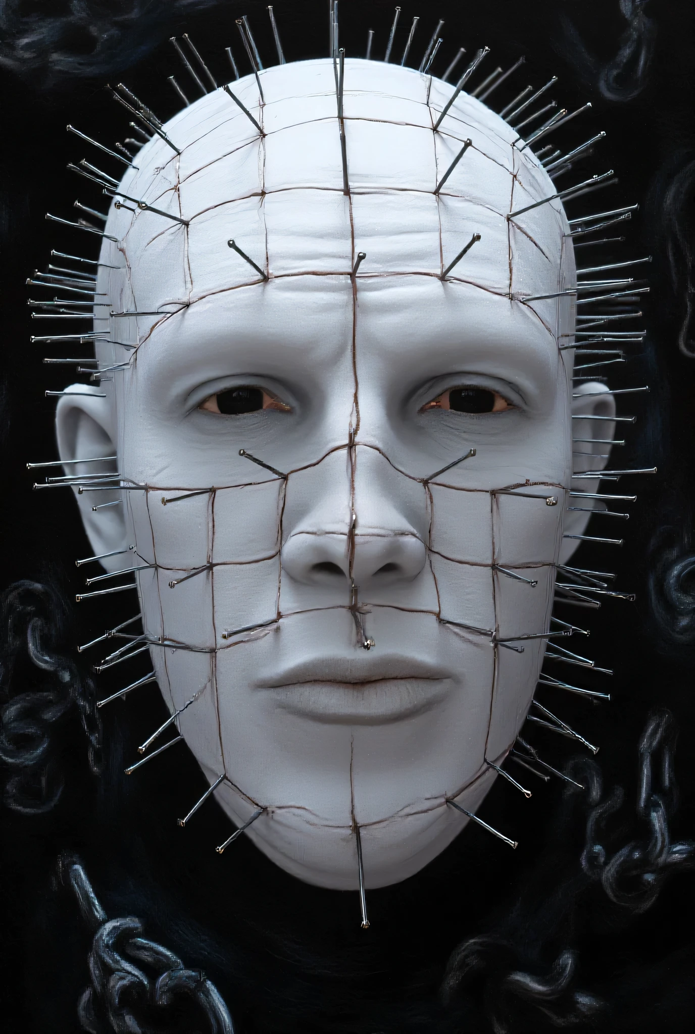 Close-up of Pinhead's face, each nail meticulously placed in a grid pattern across his ghostly white head, black eyes reflecting eternal suffering, leather straps cutting into flesh, background showing glimpses of the Labyrinth dimension, swirling darkness and chains with hooks suspended in space, painted in the macabre style of Clive Barker's original concept art, high contrast, photorealistic detail