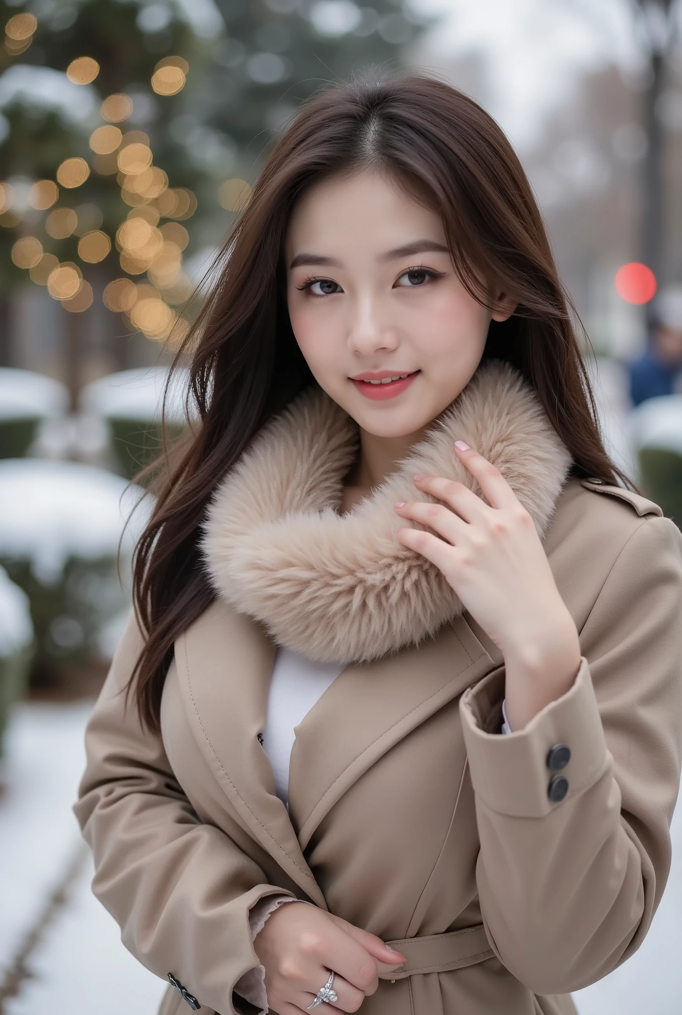  1girl, solo, beautiful girl with a smirking face, external, Winter time, fine warm coat and fluffy snow boots, detailed skin, full lips, Makeup, long hair, warm muffler, playful smile, The background is Christmas lights、heavy snow