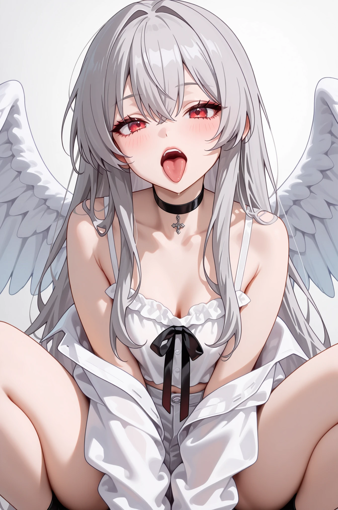 masterpiece, highest quality, 1 girl、Sagme, Silver-haired medium hair,Silvery eyes(heart-shaped pupil) , bed、One Wings of an Angel、big breasts、Slender、full nude、It is dripping with the mouth open and the tongue sticking out、Seeking courtship、I could see the whole body、Face during estrus、beautiful breasts、Courtship action、thighs open