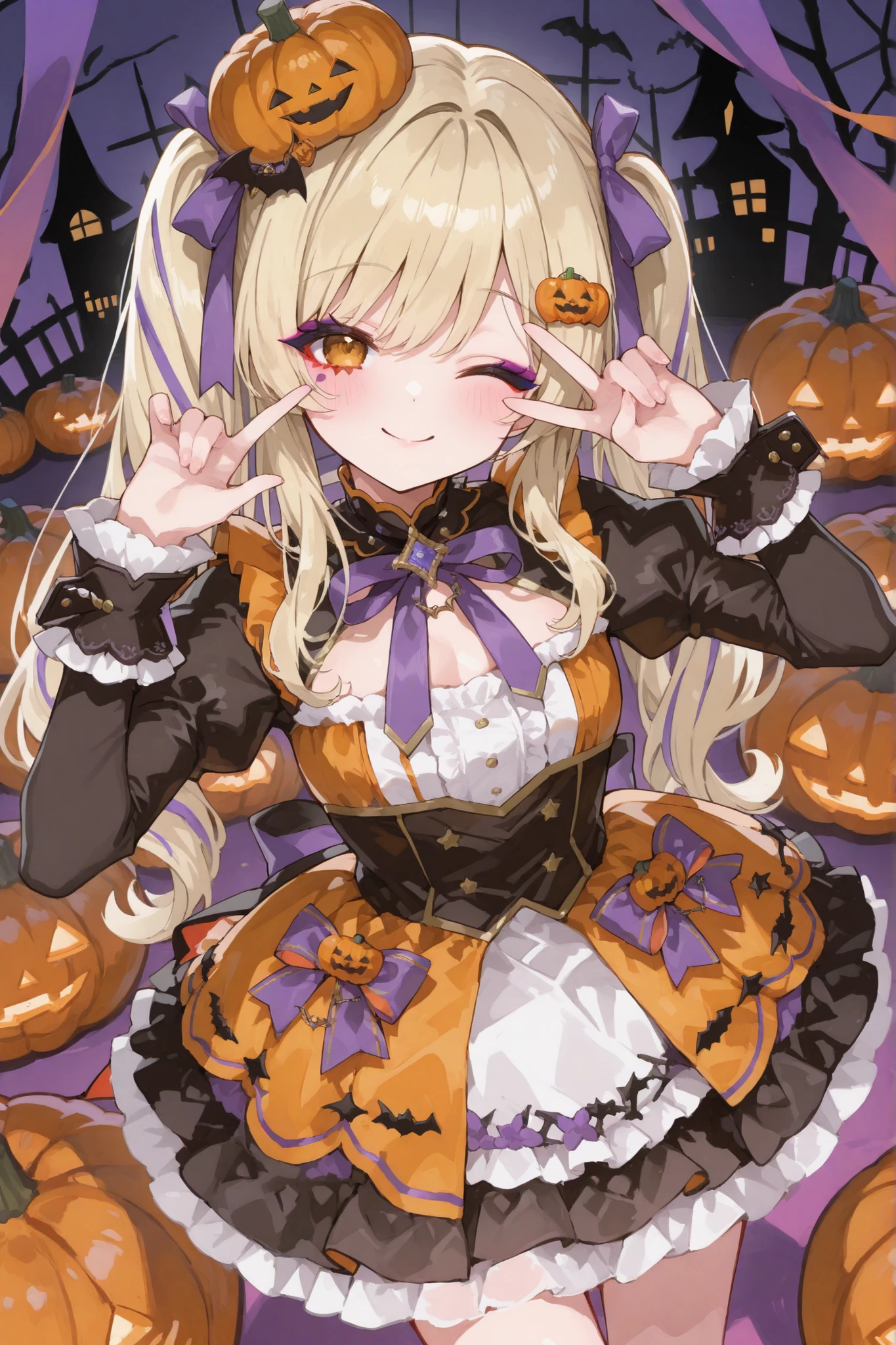 Smile Yan,Very big ribbon on the chest,(((Juliet Sleeve,big cuffs,mini dress,Pumpkin-colored dress,Pumpkin Accessories))),Lolita Dress with Fluttering Frills,cute idol stage pose,Halloween party,cute scary makeup,Cute wink