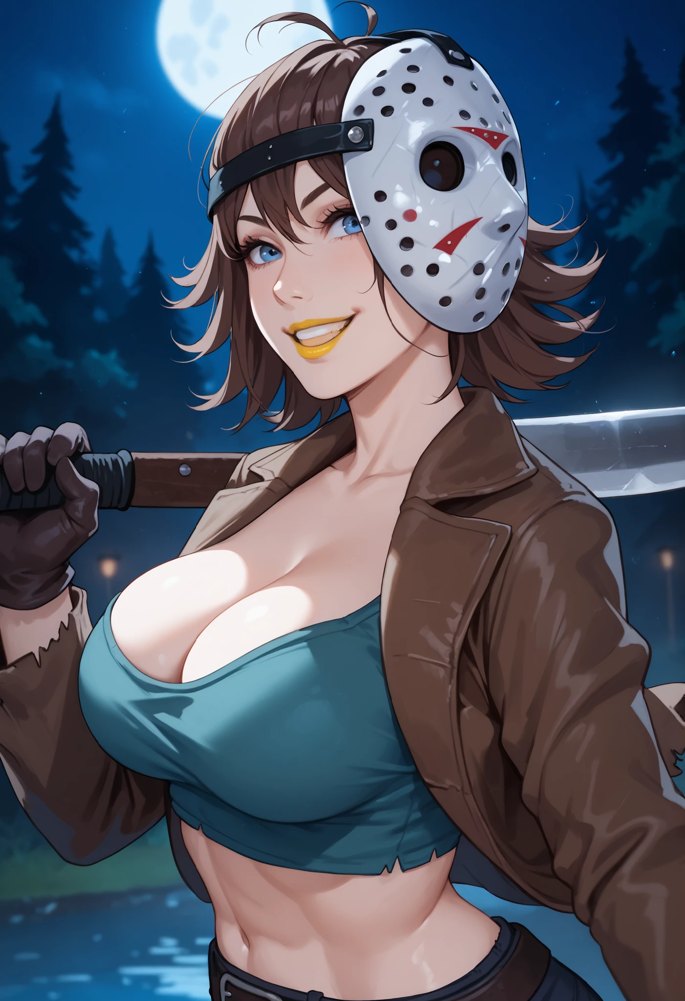 woman, big breasts, anime style, yellow lipstick, white skin, blue eyes, brown hair, brown jacket, green blouse, cropped blouse, hockey mask, hockey mask on head, focus on character, side view, evil smile, dark look, dark forest, holding a machete, night, dark night, cleavage, top view, holding machete, Bishoujo Jason Voorhees