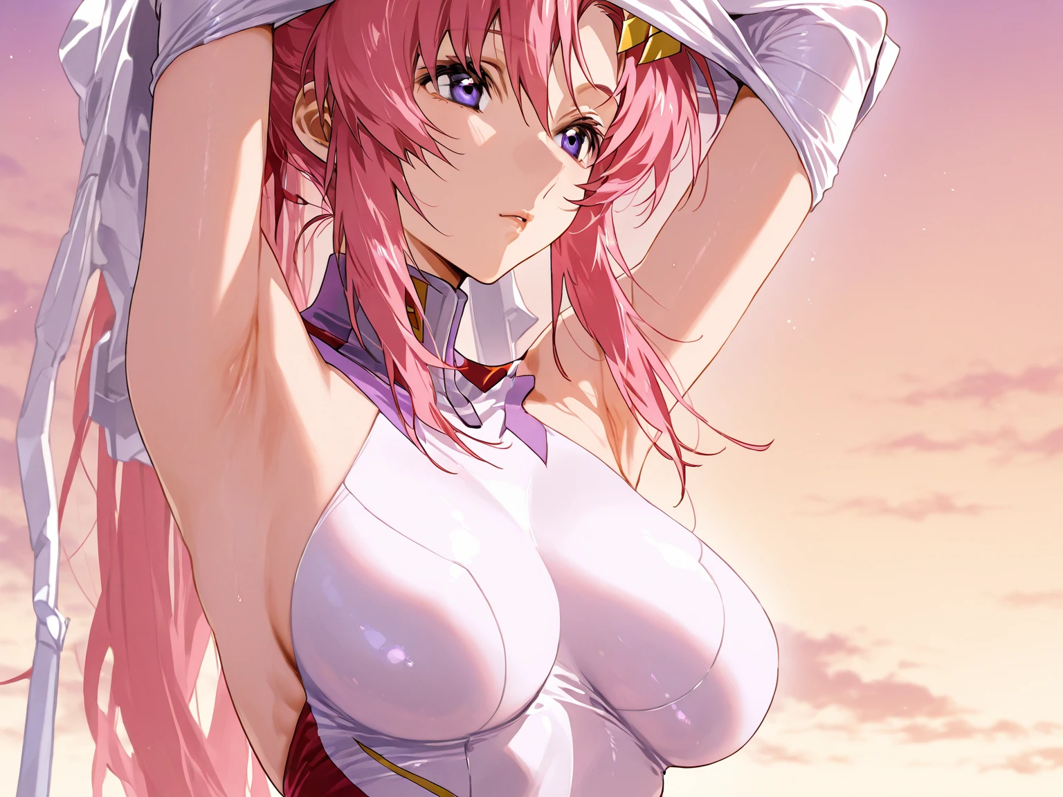 (masterpiece:1.3）、（Best image quality:1.3）、（Very detailed:1.4）、（Very detailed:1.3）、4K、（8K）、Best image quality,(Torn clothes:1.4),(torn clothing:1.4),(:1.4),(Box Tie:1.4),(Beautiful :1.4),(tearing up:1.5),anime,(on back:1.4),(arms behind back:1.4),(M legs:1.4),(:1.0),legs up,(On the bed:1.4),(Full Bed:1.4),(Sheets,pillow:1.2),(24-years-old:1.4),More about Campbell, 1 Girl, (star hair accessory:1.4), (Star-shaped hair ornament), Pink Hair, Long Hair, Leotard Purple Leotard, White leotard,Huge breasts、Thick thighs､Dynamic pose､gravure､Dynamic Angle、Noise Reduction､Emphasize the ､ Augmentation,、(torn clothing:1.4),(Box Tie:1.4),(tearing up:1.4),